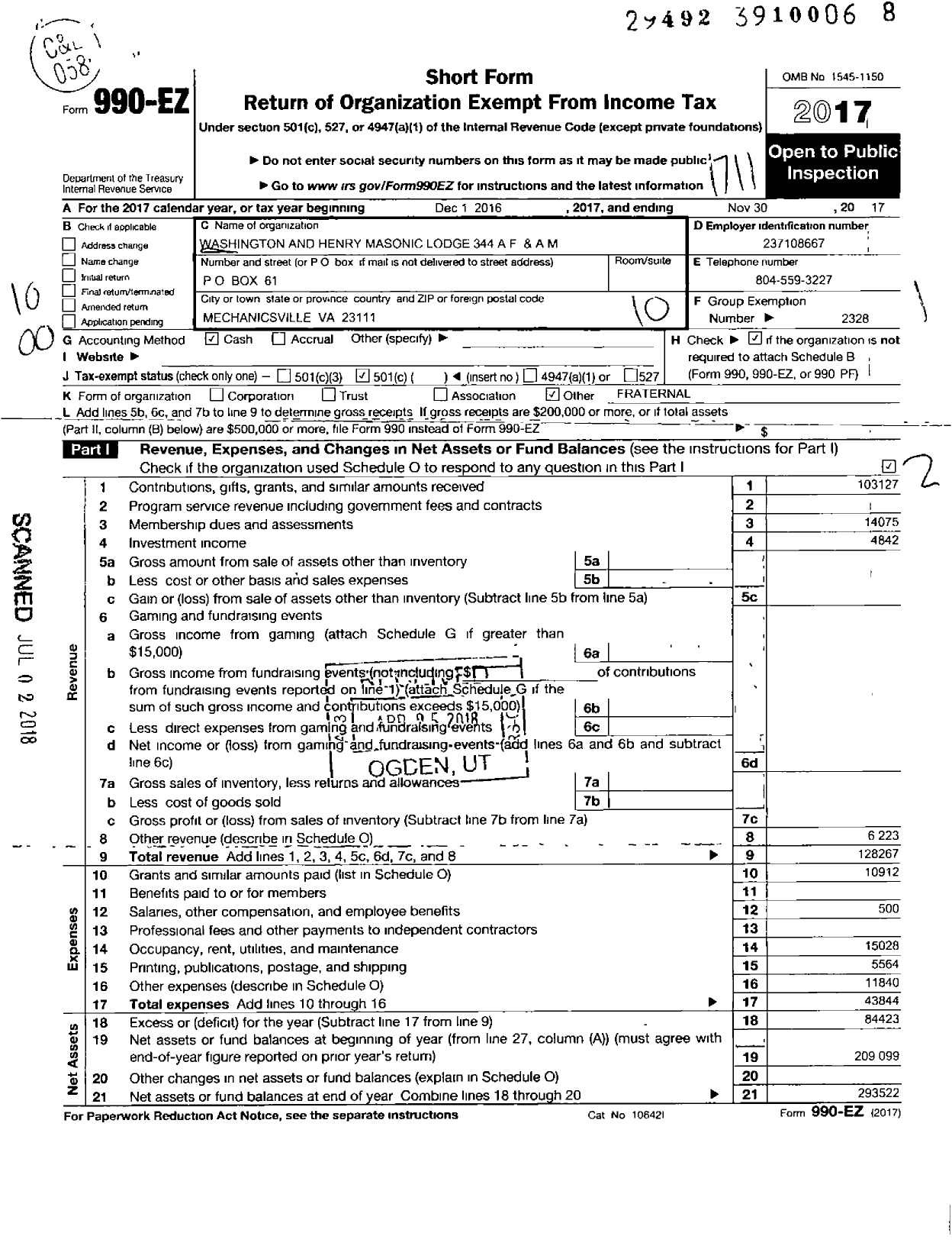 Image of first page of 2016 Form 990EO for Washington and Hery Masonic Lodge Af and Am