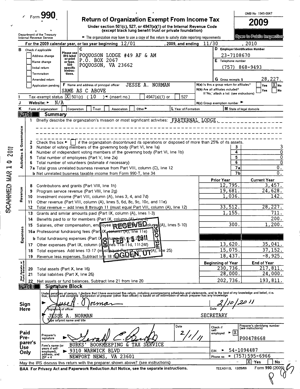 Image of first page of 2009 Form 990O for Free and Accepted Masons of Virginia - 49 Poquoson Lodge