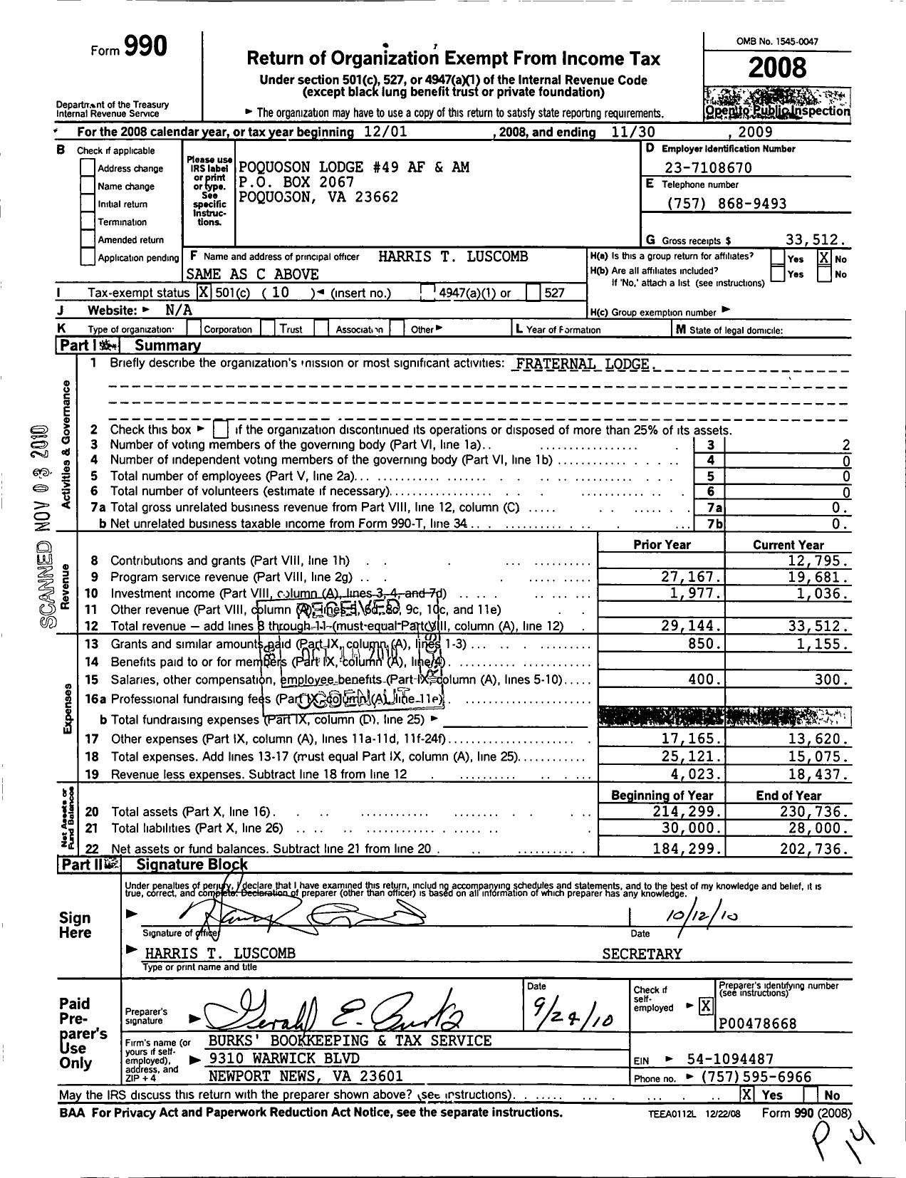 Image of first page of 2008 Form 990O for Free and Accepted Masons of Virginia - 49 Poquoson Lodge