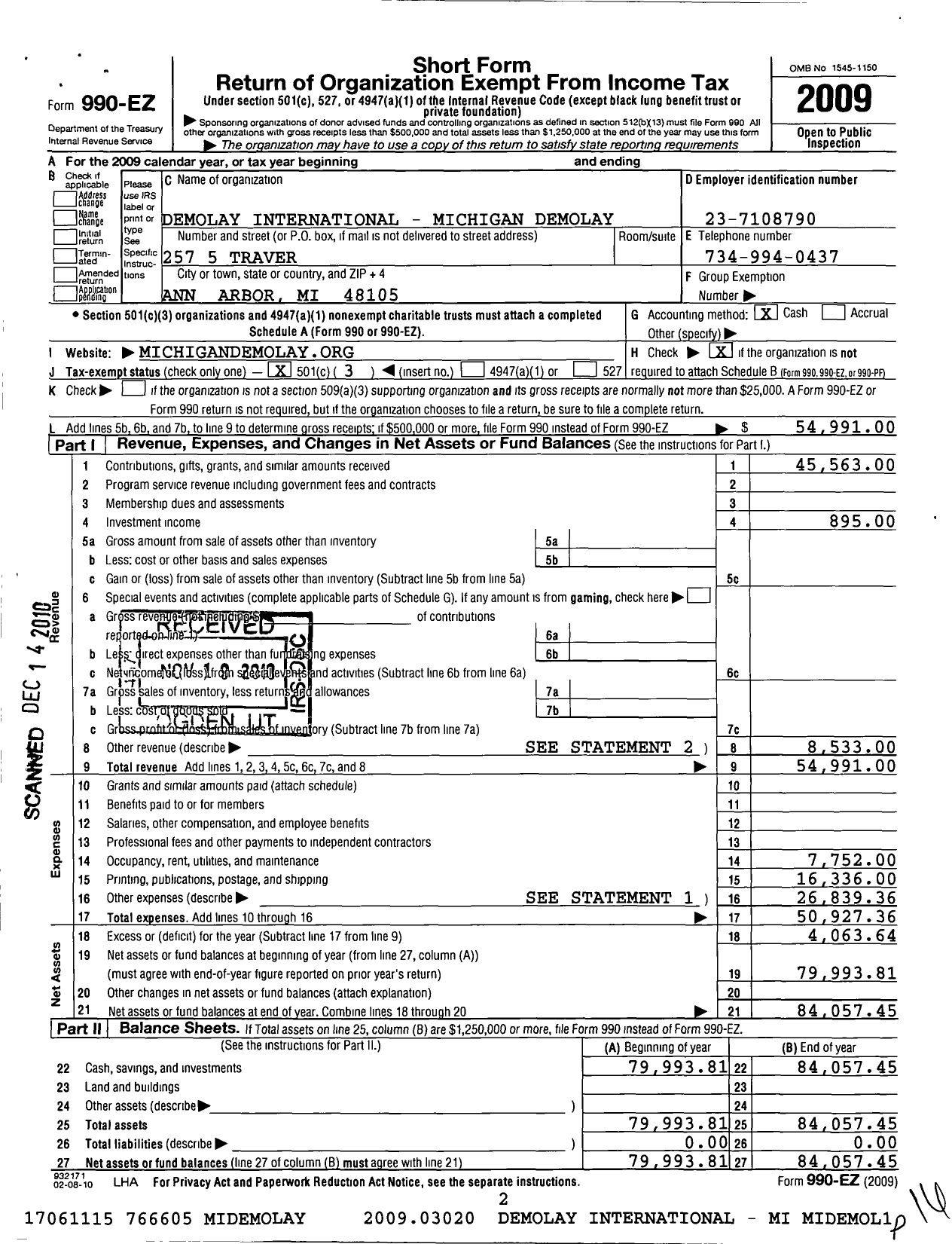 Image of first page of 2009 Form 990EZ for Demolay International - 23000 Michigan Demolay