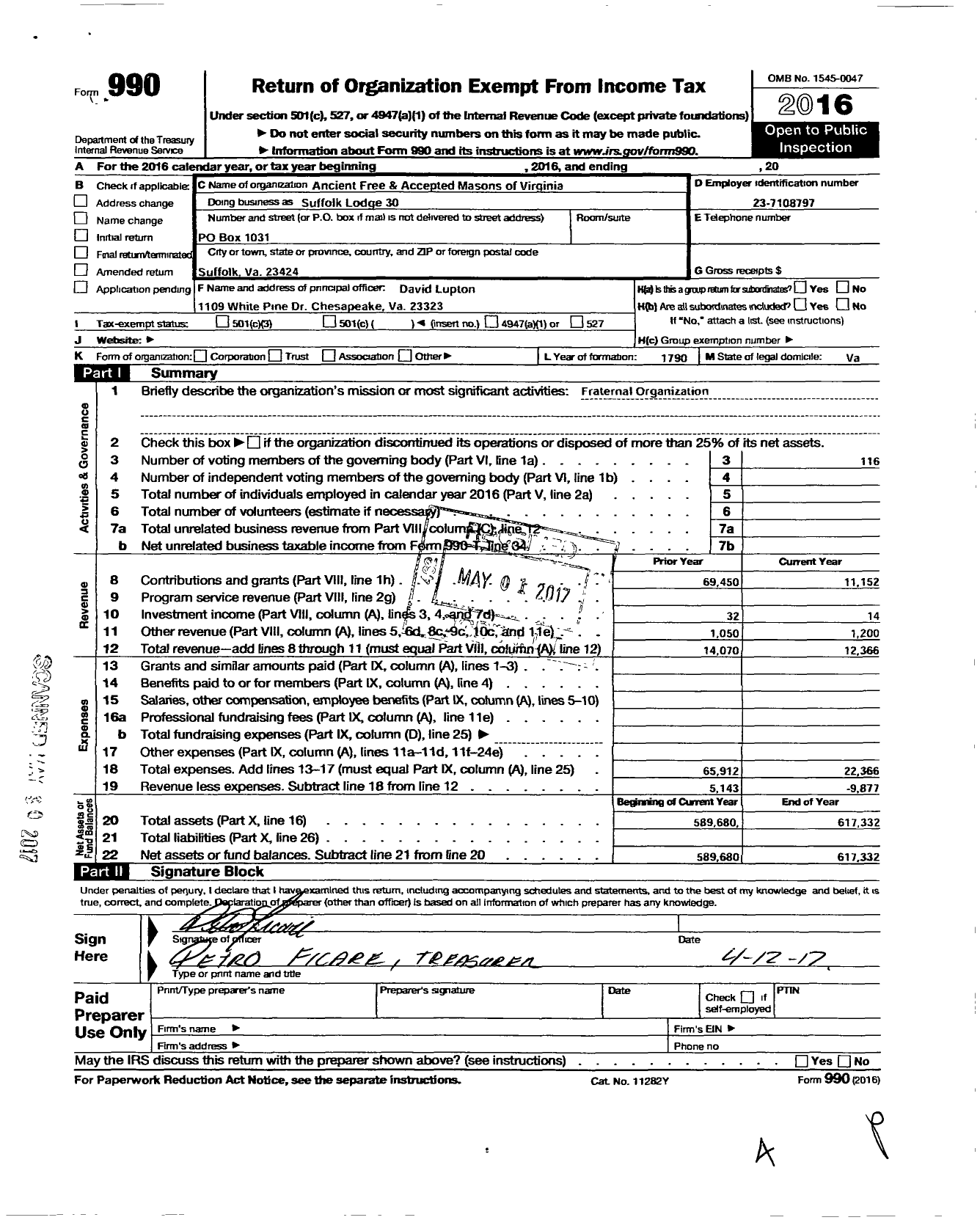 Image of first page of 2016 Form 990O for Free and Accepted Masons of Virginia - 30 Suffolk Lodge