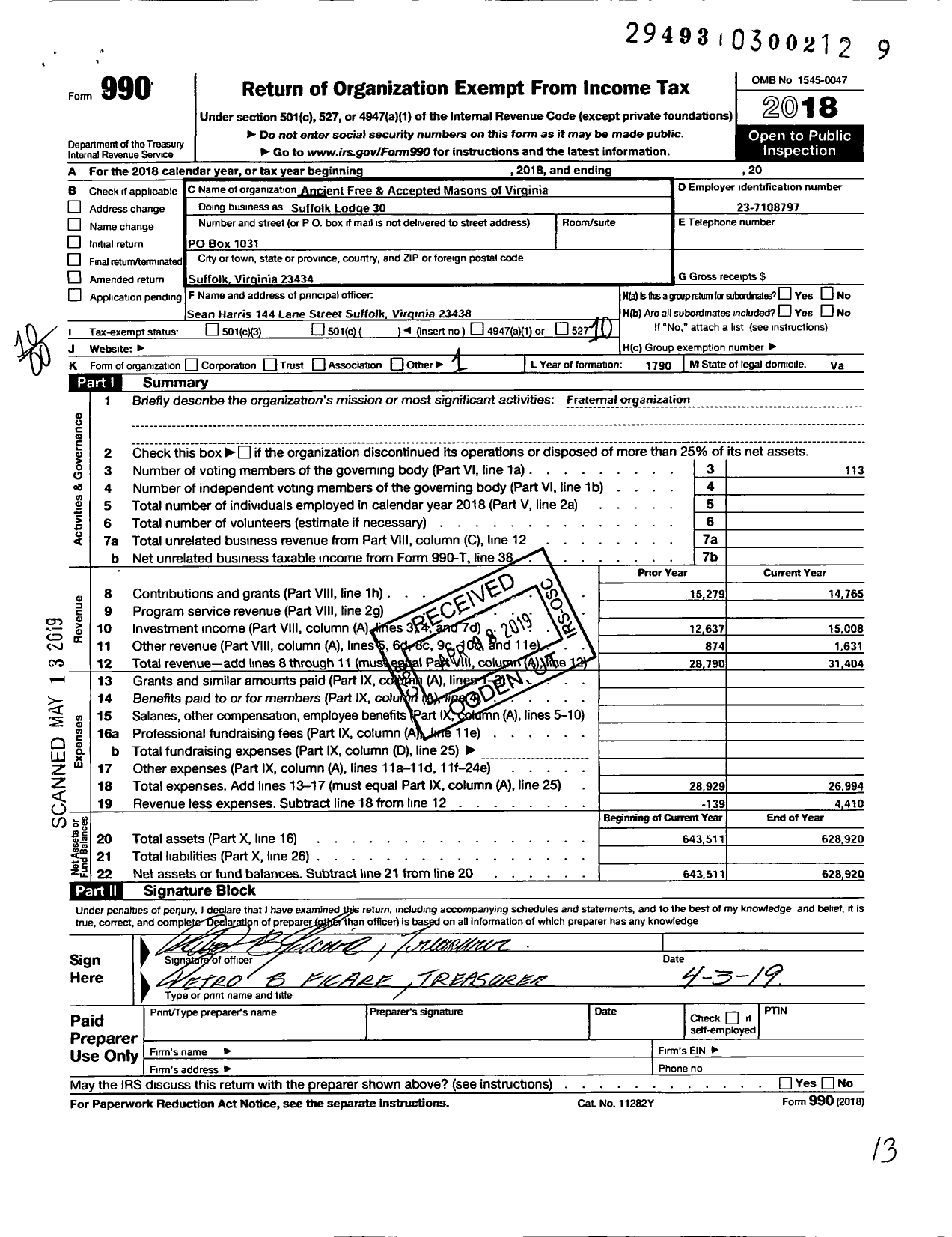 Image of first page of 2018 Form 990O for Free and Accepted Masons of Virginia - 30 Suffolk Lodge