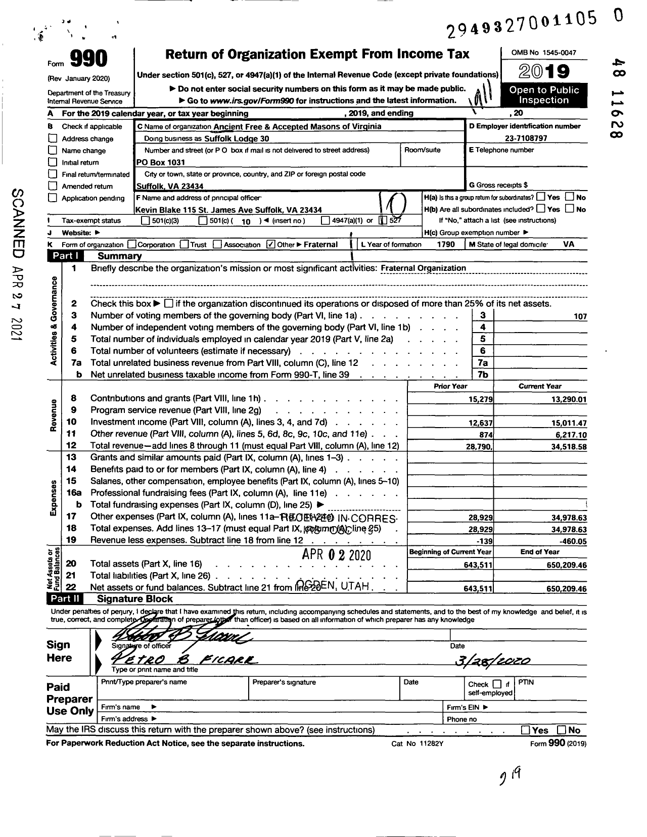 Image of first page of 2018 Form 990O for Free and Accepted Masons of Virginia - 30 Suffolk Lodge