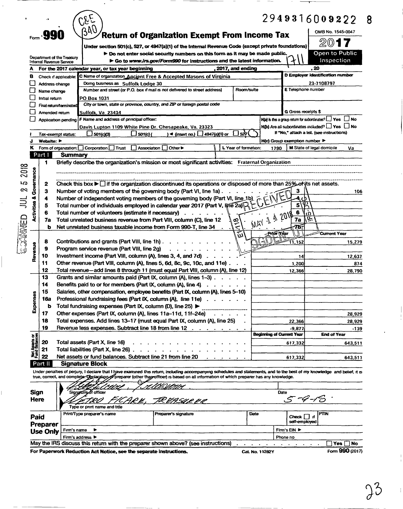 Image of first page of 2016 Form 990O for Free and Accepted Masons of Virginia - 30 Suffolk Lodge