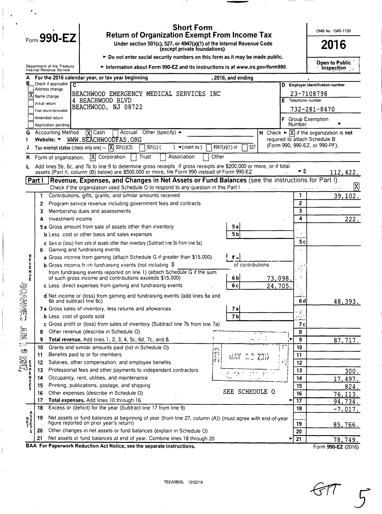 Image of first page of 2016 Form 990EZ for Beachwood Emergency Medical Services