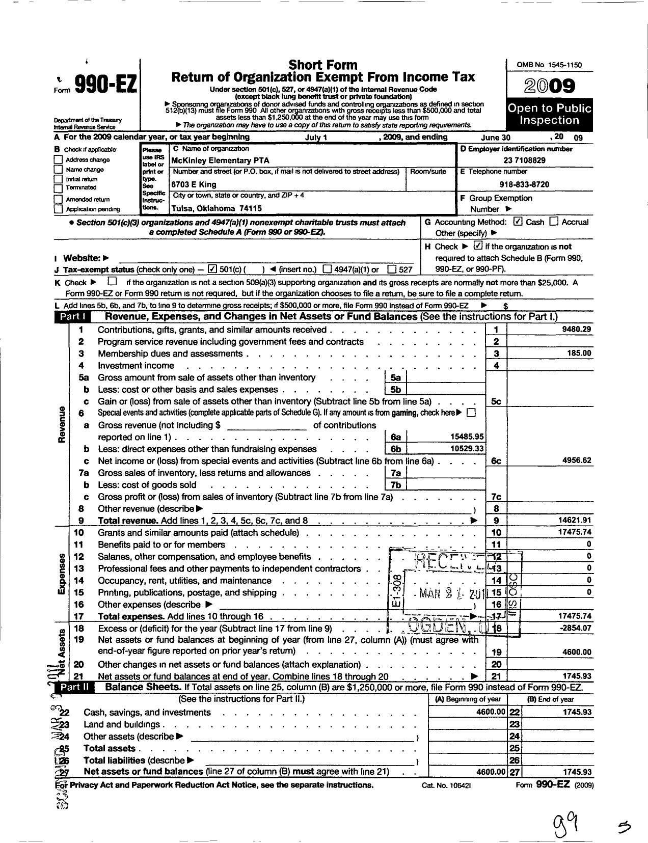 Image of first page of 2008 Form 990EO for PTA Oklahoma Congress / Mckinley Elementary PTA