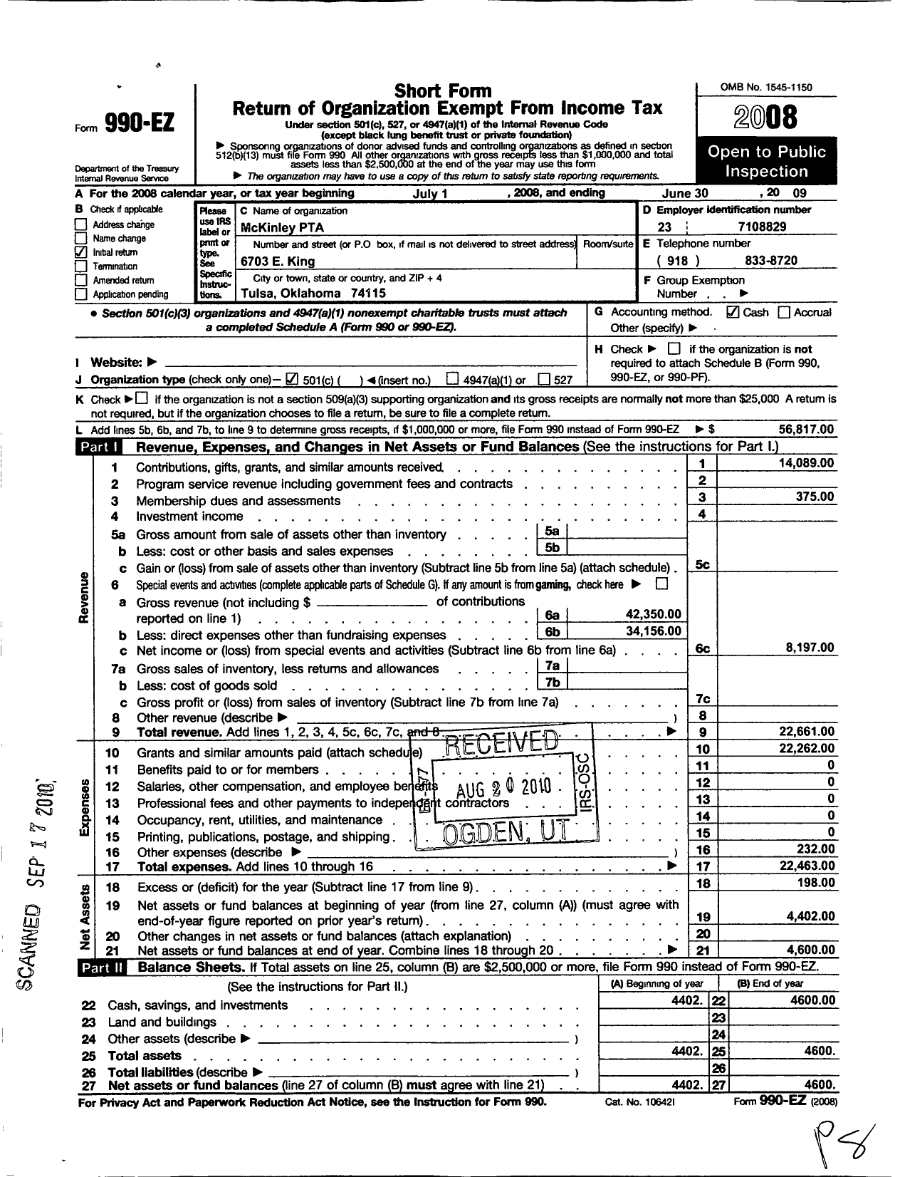 Image of first page of 2008 Form 990EO for PTA Oklahoma Congress / Mckinley Elementary PTA