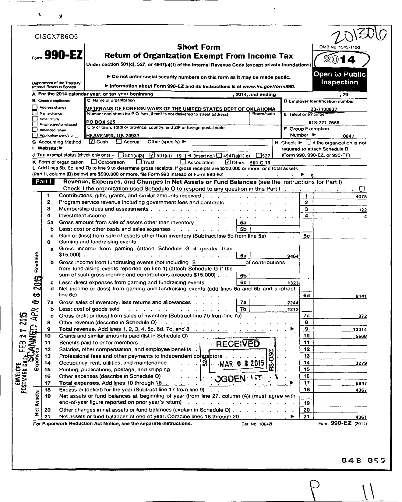 Image of first page of 2012 Form 990EO for Veterans of Foreign Wars of the United States Dept of Oklahoma - 8403