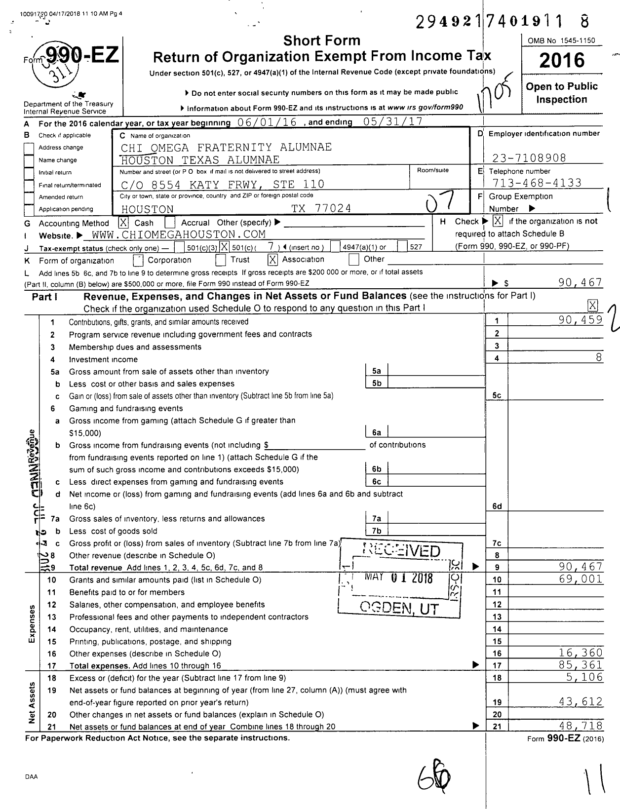 Image of first page of 2016 Form 990EO for Chi Omega Fraternity - Houston TX Alumnae