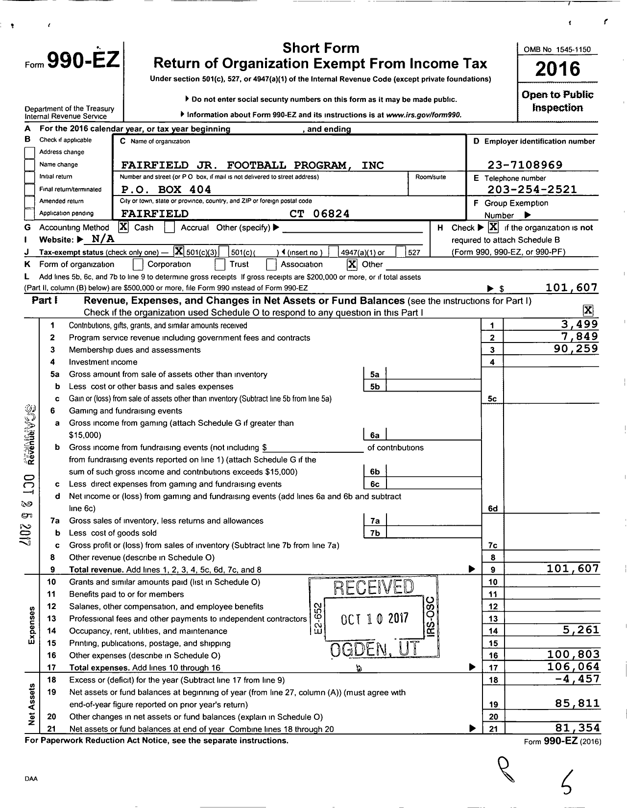 Image of first page of 2016 Form 990EZ for Fairfield JR Football Program