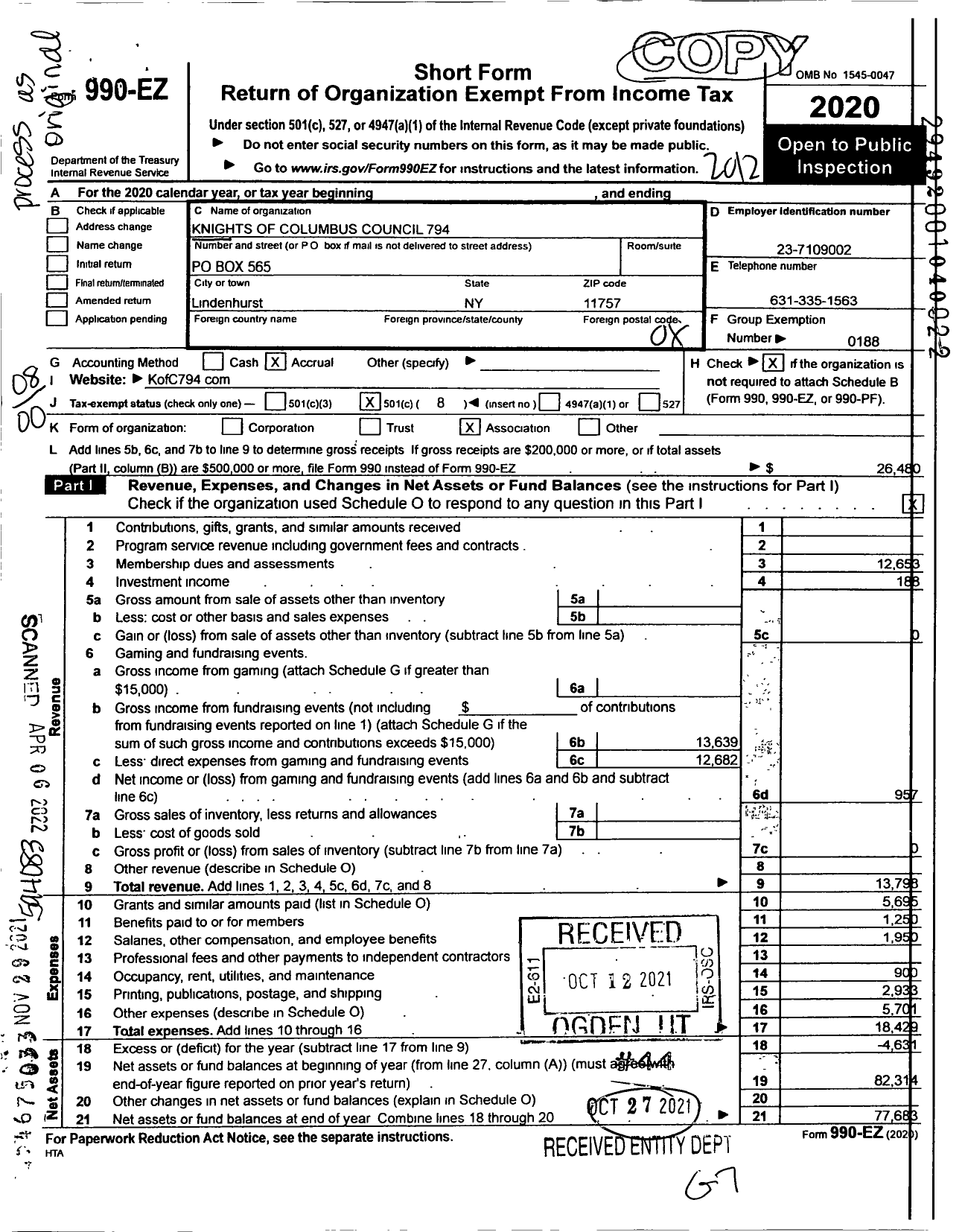 Image of first page of 2020 Form 990EO for Knights of Columbus - 794 Our Lady of Perpetual Help