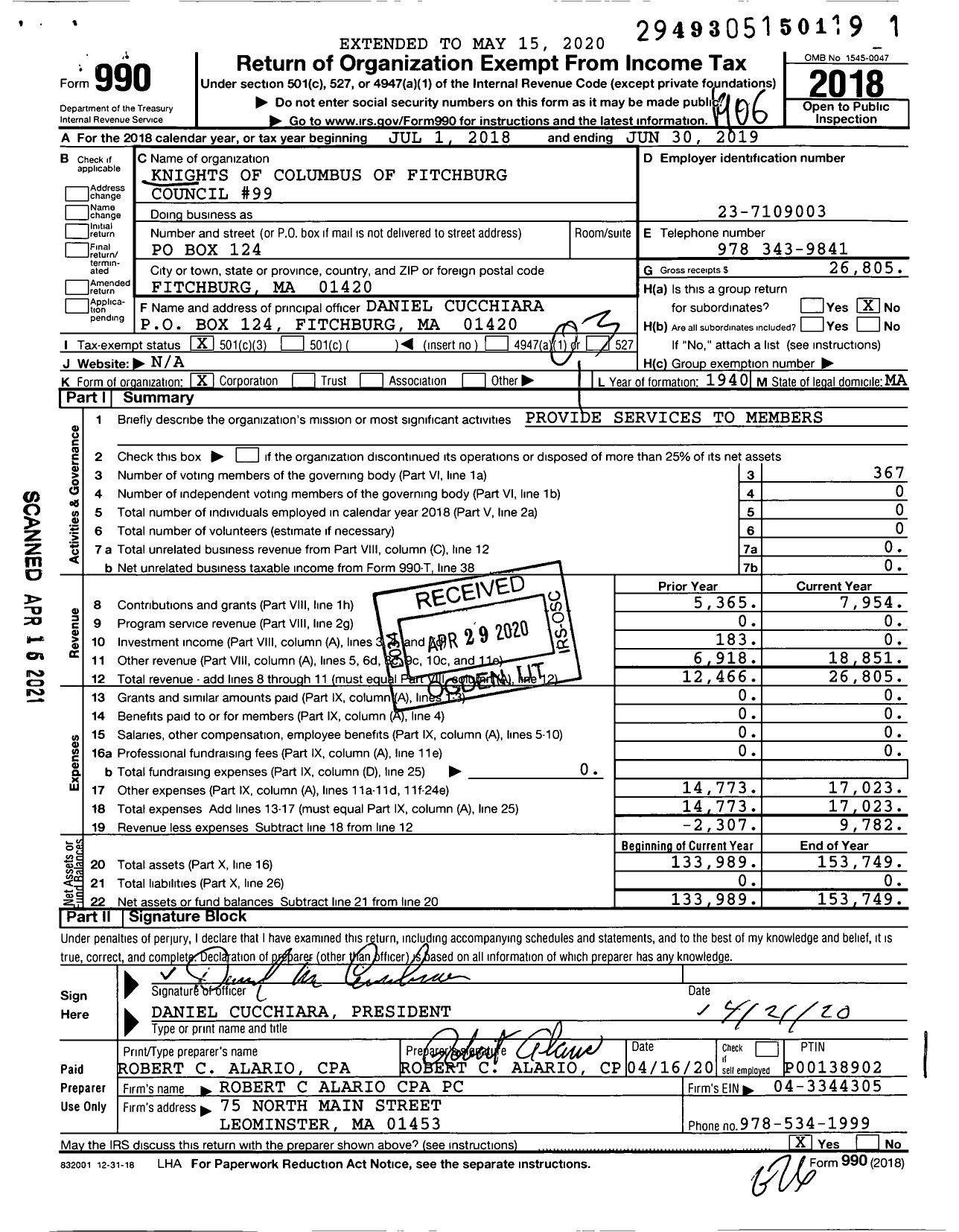 Image of first page of 2018 Form 990 for Knights of Columbus - 99 Fitchburg Council