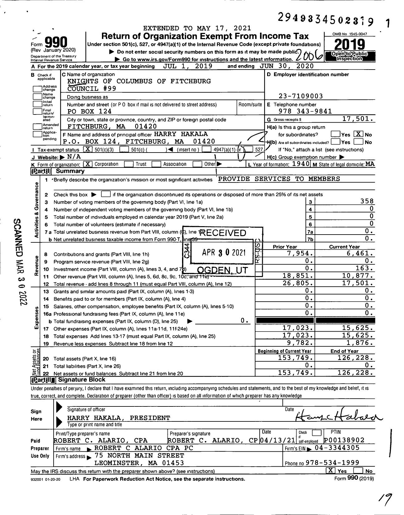 Image of first page of 2019 Form 990 for Knights of Columbus - 99 Fitchburg Council