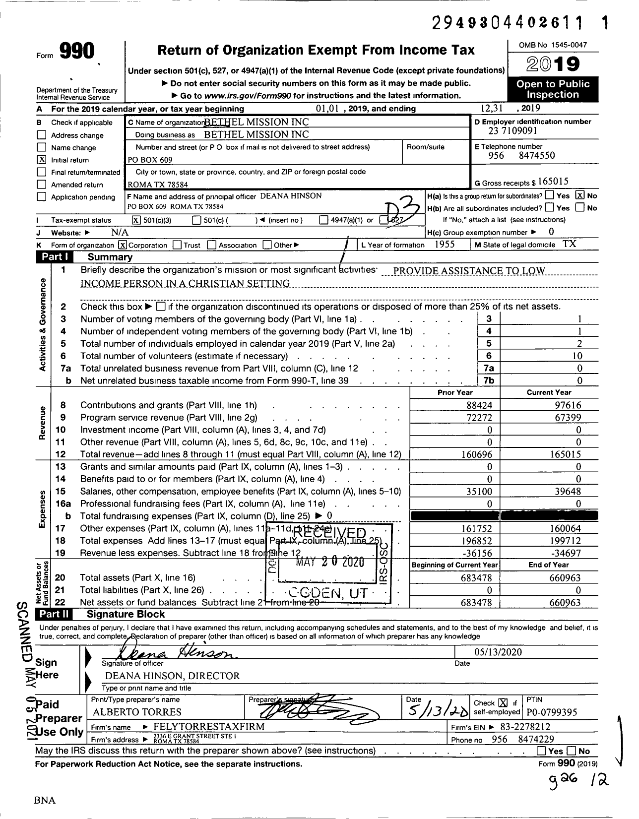 Image of first page of 2019 Form 990 for Bethel Mission