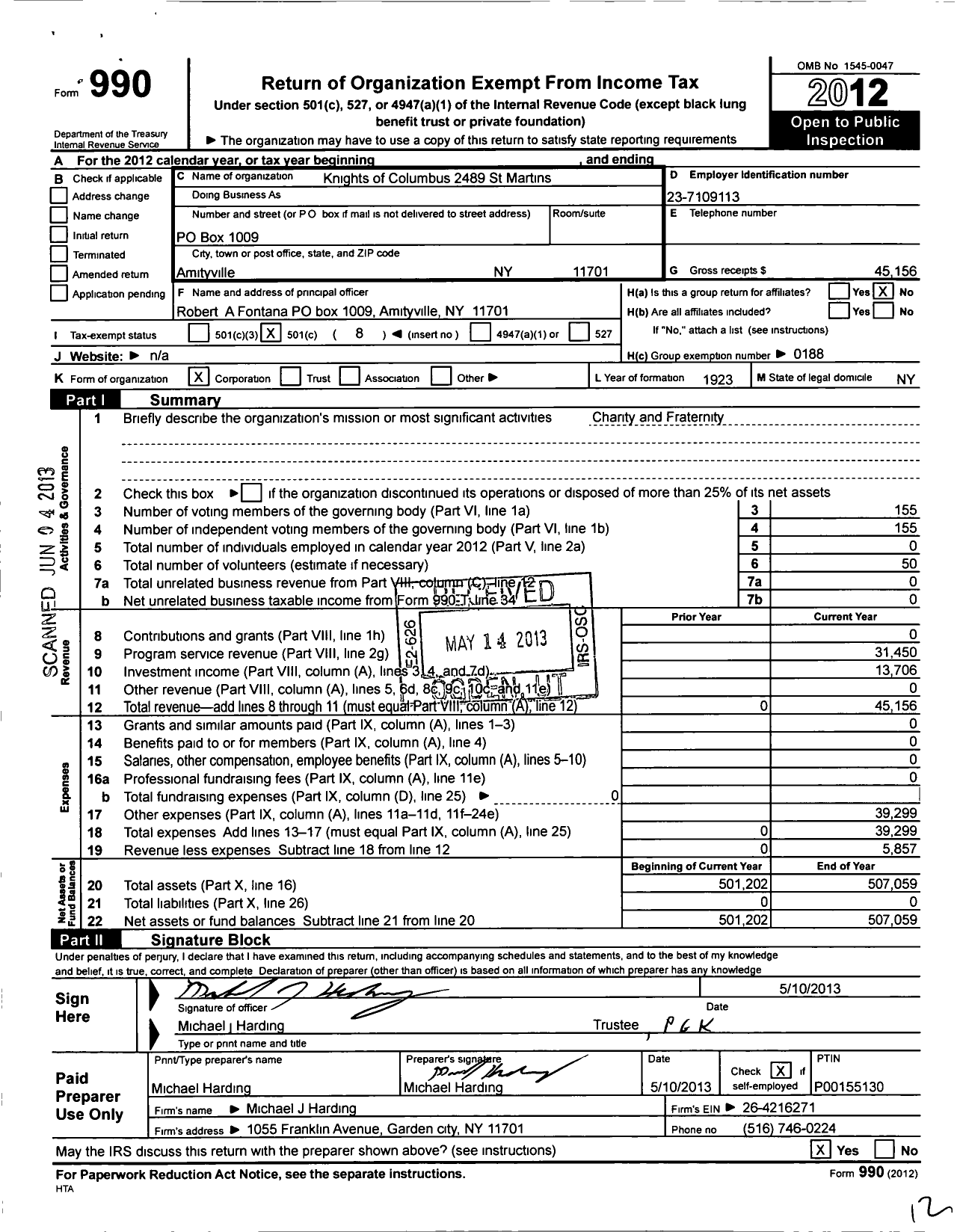 Image of first page of 2012 Form 990O for Knights of Columbus - 2489 St Martins Council