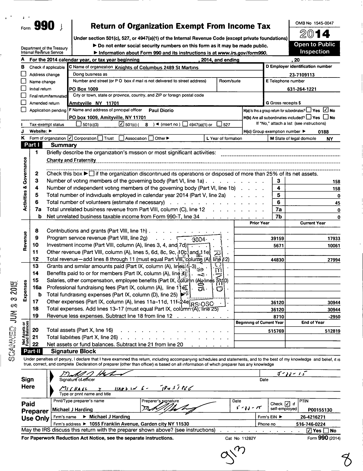 Image of first page of 2014 Form 990O for Knights of Columbus - 2489 St Martins Council