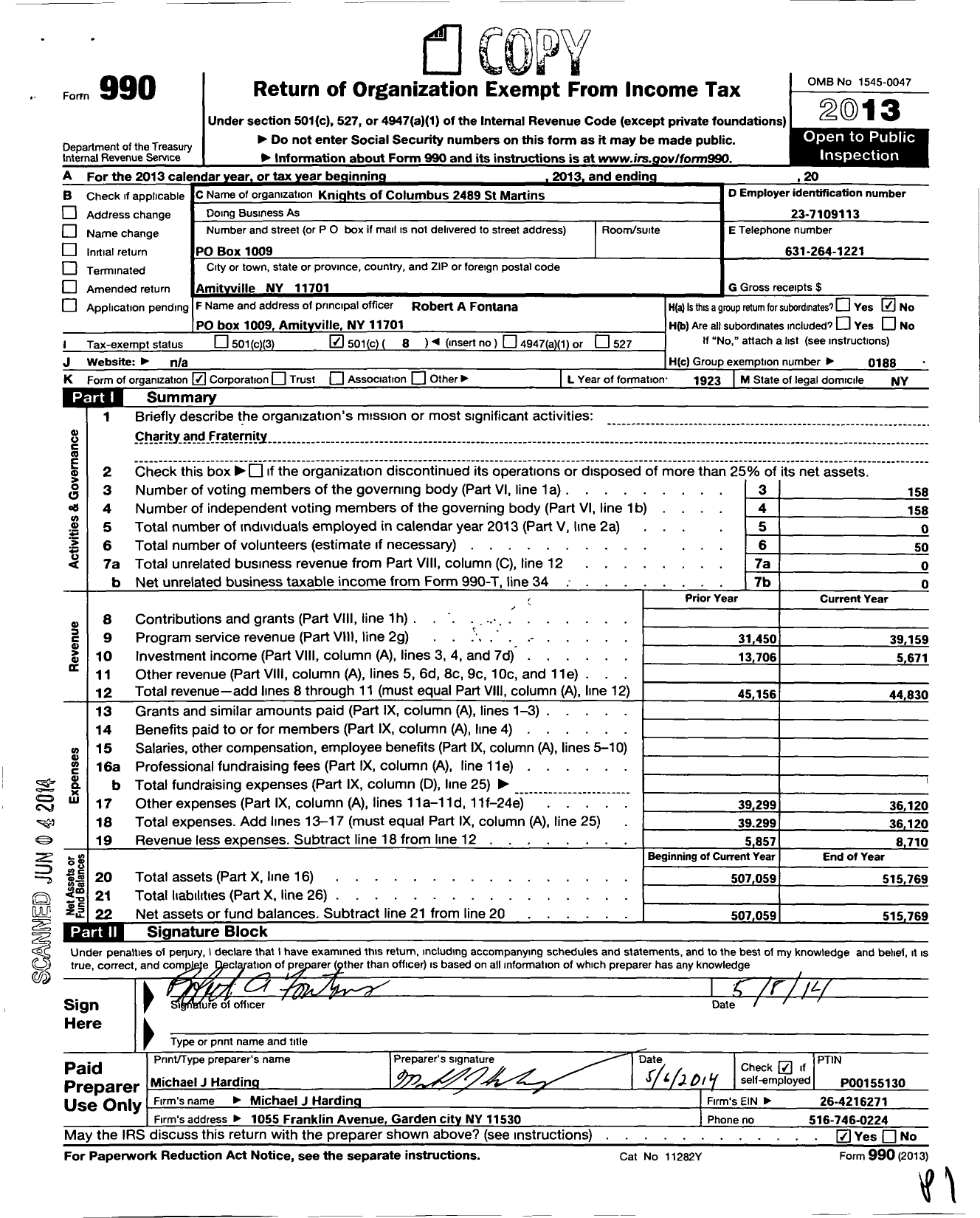 Image of first page of 2013 Form 990O for Knights of Columbus - 2489 St Martins Council