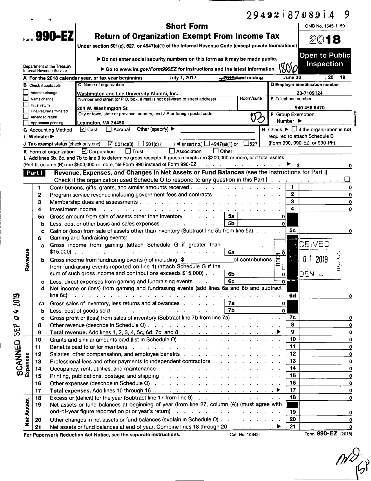 Image of first page of 2017 Form 990EZ for Washington and Lee University Alumni