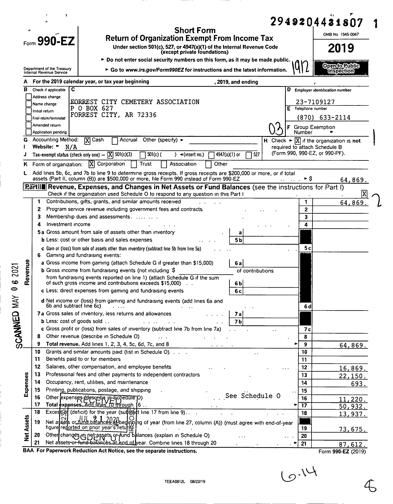 Image of first page of 2019 Form 990EZ for Forrest City Cemetery Association