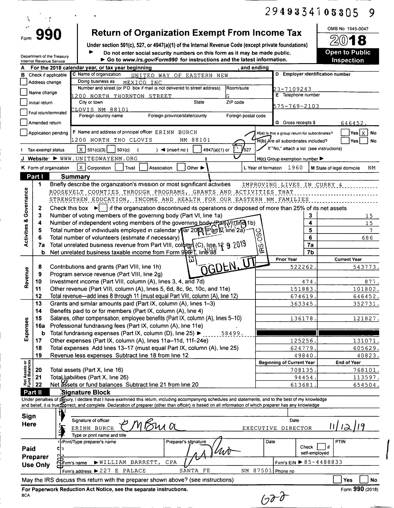 Image of first page of 2018 Form 990 for United Way of Eastern NM