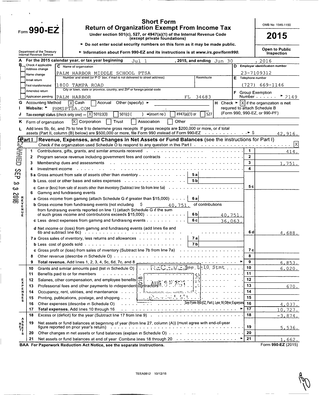 Image of first page of 2015 Form 990EZ for PTA Florida Congress - Palm Harbor Middle Ptsa