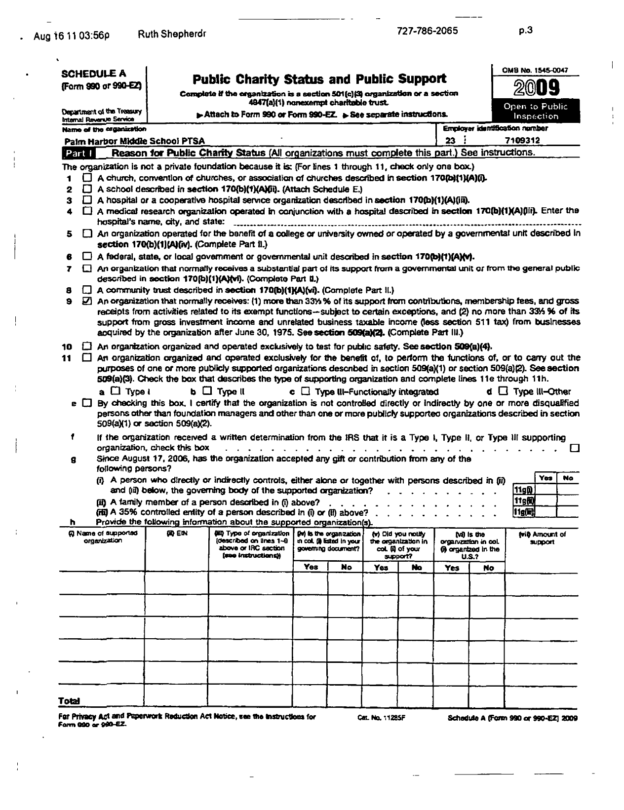 Image of first page of 2009 Form 990ER for PTA Florida Congress - Palm Harbor Middle Ptsa