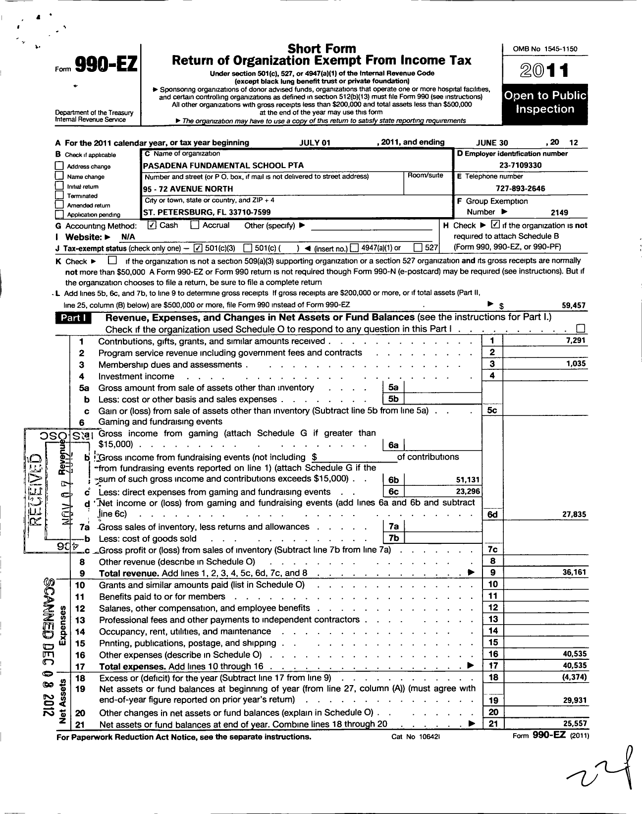 Image of first page of 2011 Form 990EZ for PTA Florida Congress - Tarpon Springs Elem School PTA