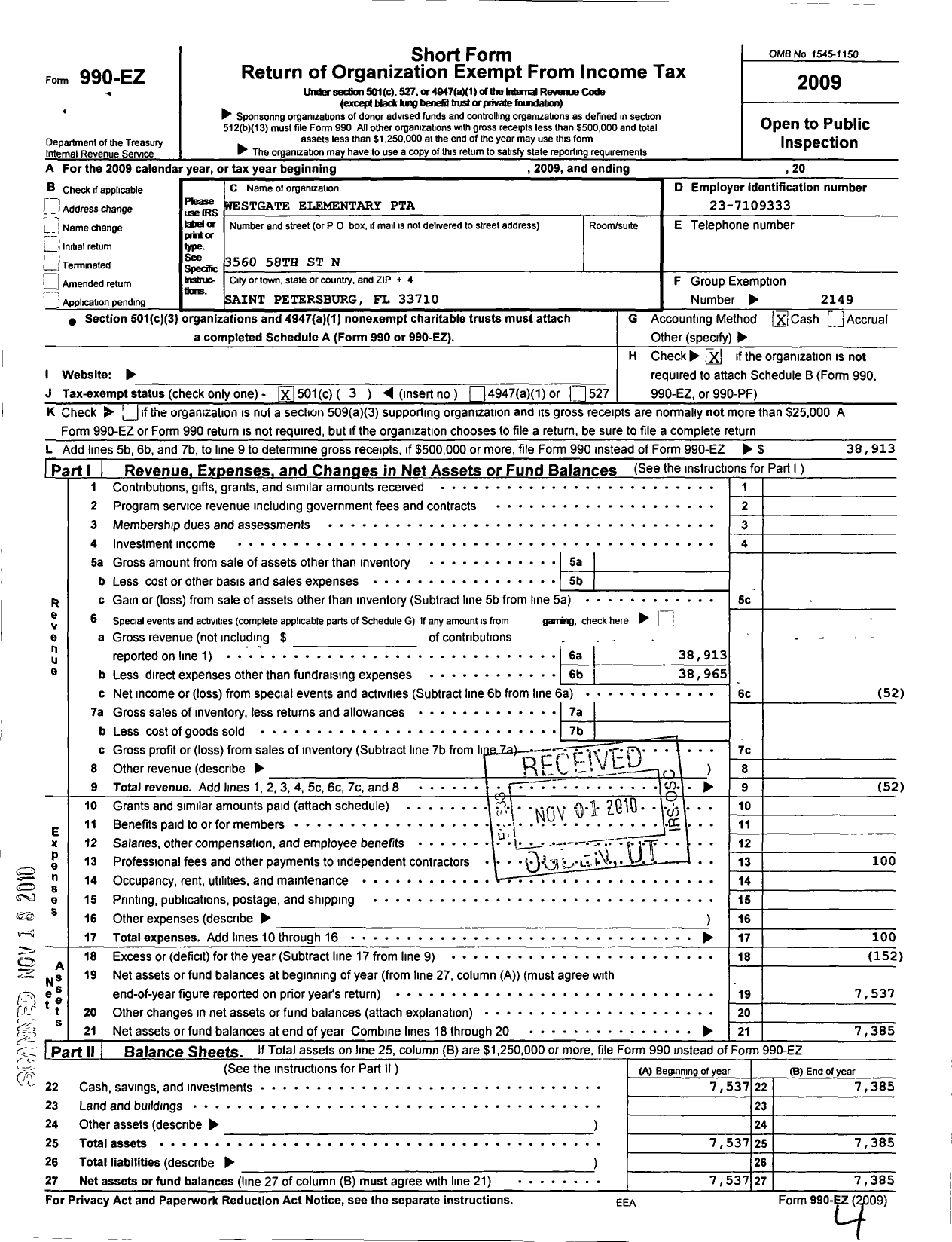 Image of first page of 2009 Form 990EZ for PTA Florida Congress - Westgate Elementary School PTA