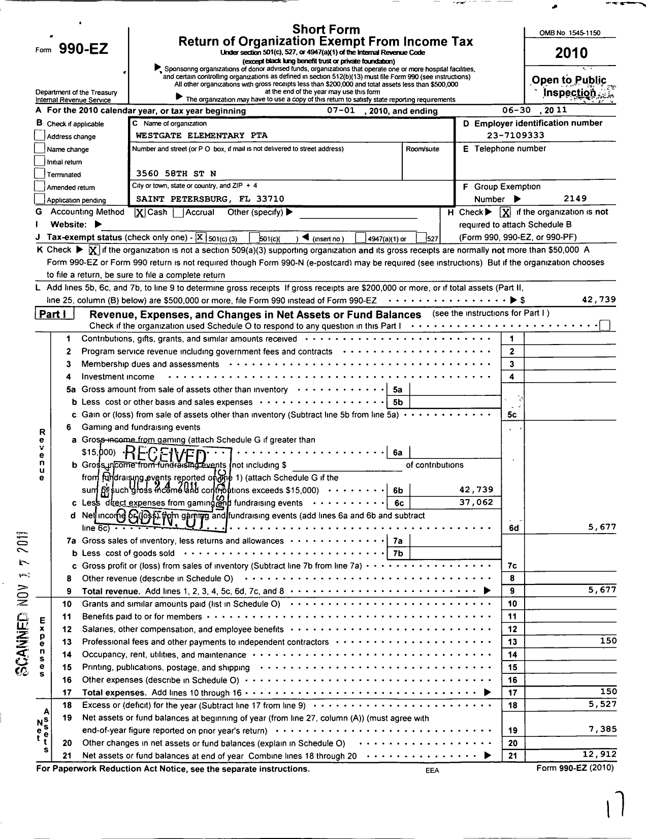 Image of first page of 2010 Form 990EZ for PTA Florida Congress - Westgate Elementary School PTA