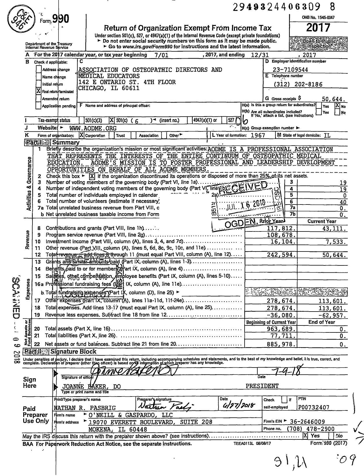 Image of first page of 2017 Form 990O for Association of Osteopathic Directors and Medical Educators