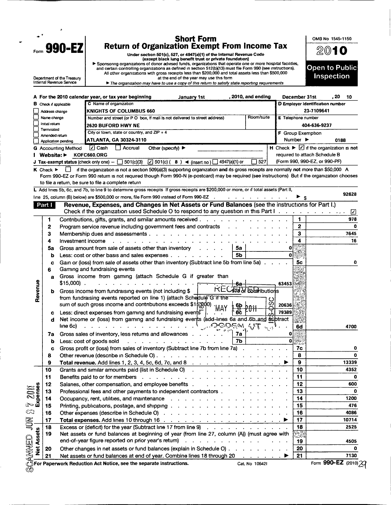 Image of first page of 2010 Form 990EO for Knights of Columbus - 660 Atlanta Council