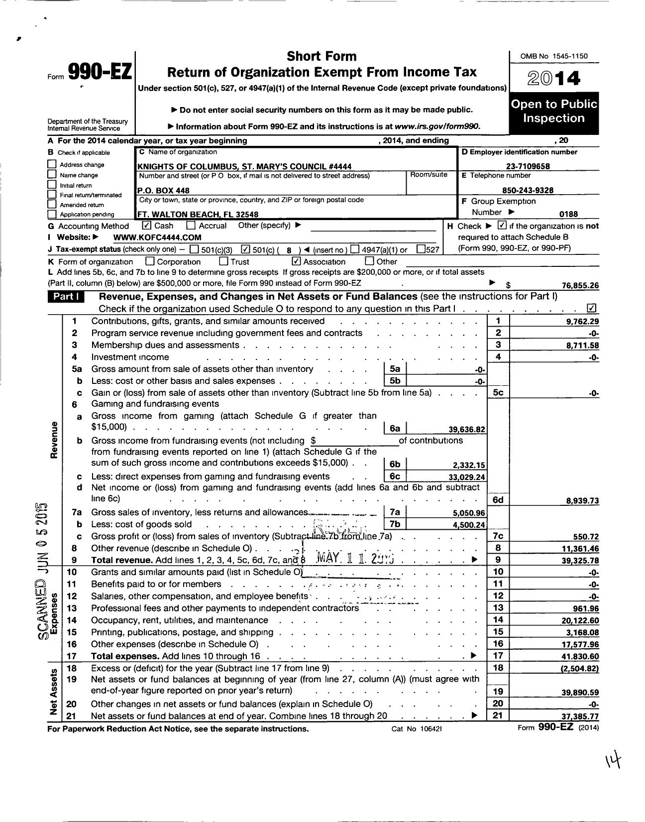 Image of first page of 2014 Form 990EO for Knights of Columbus - 4444 St Marys Council