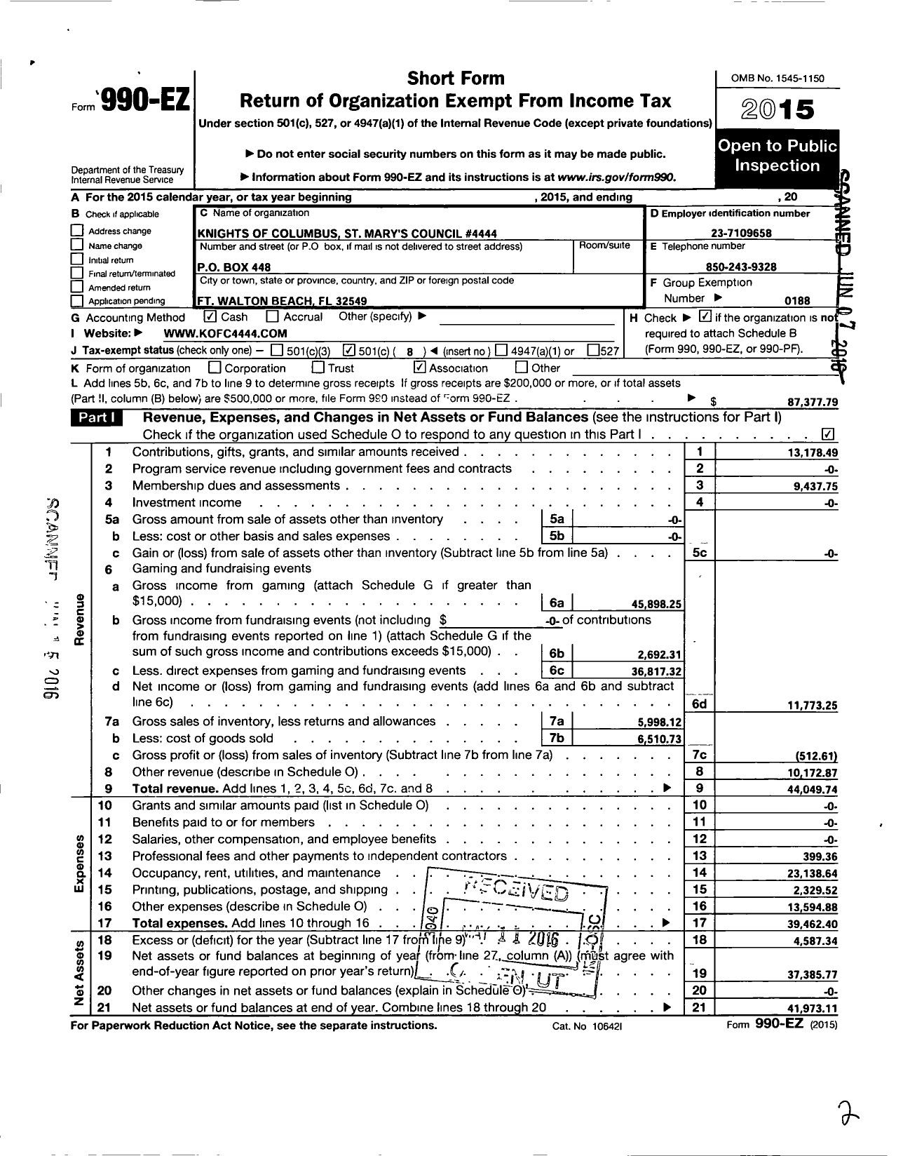 Image of first page of 2015 Form 990EO for Knights of Columbus - 4444 St Marys Council