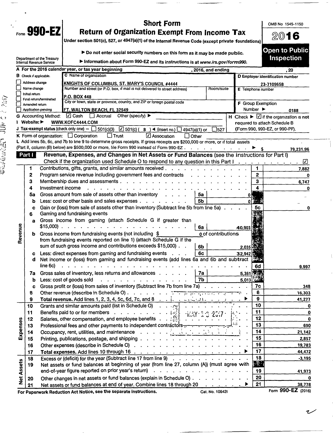 Image of first page of 2016 Form 990EO for Knights of Columbus - 4444 St Marys Council