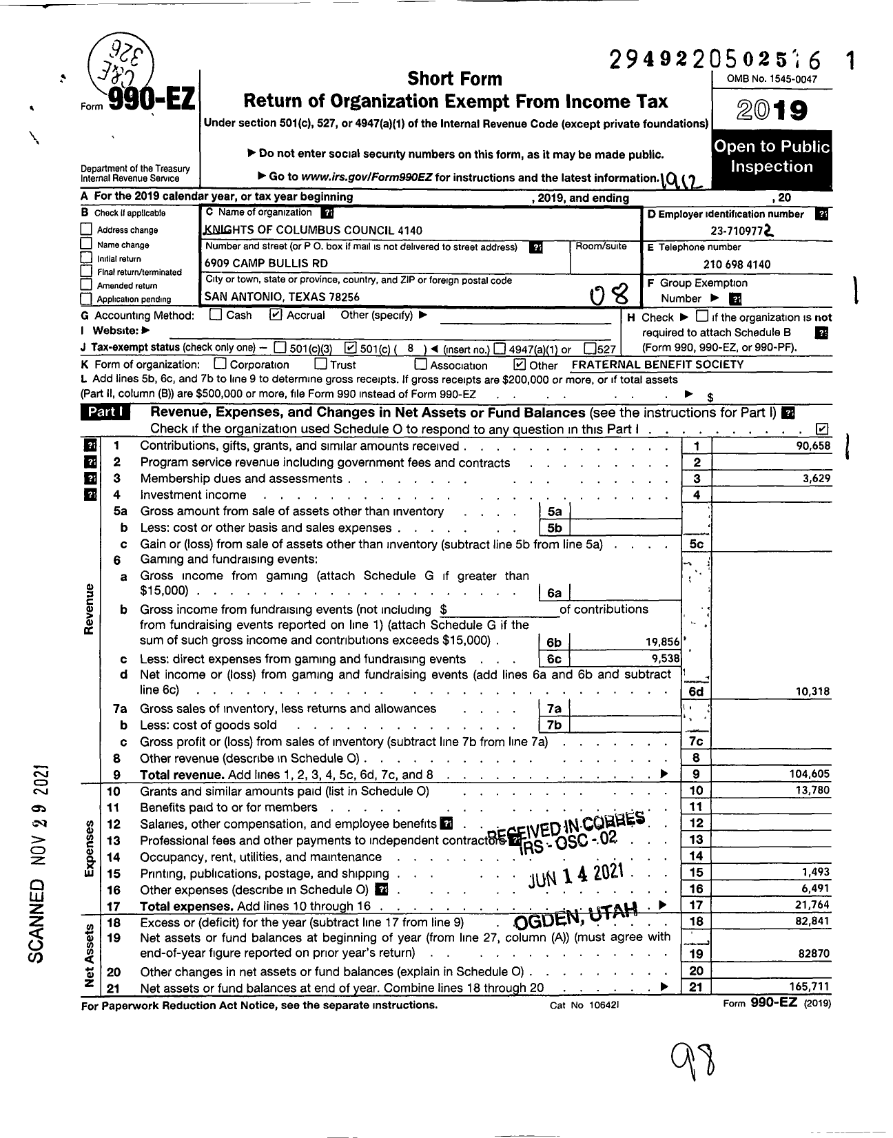 Image of first page of 2019 Form 990EO for Knights of Columbus - 4140 Immaculate Conception Council