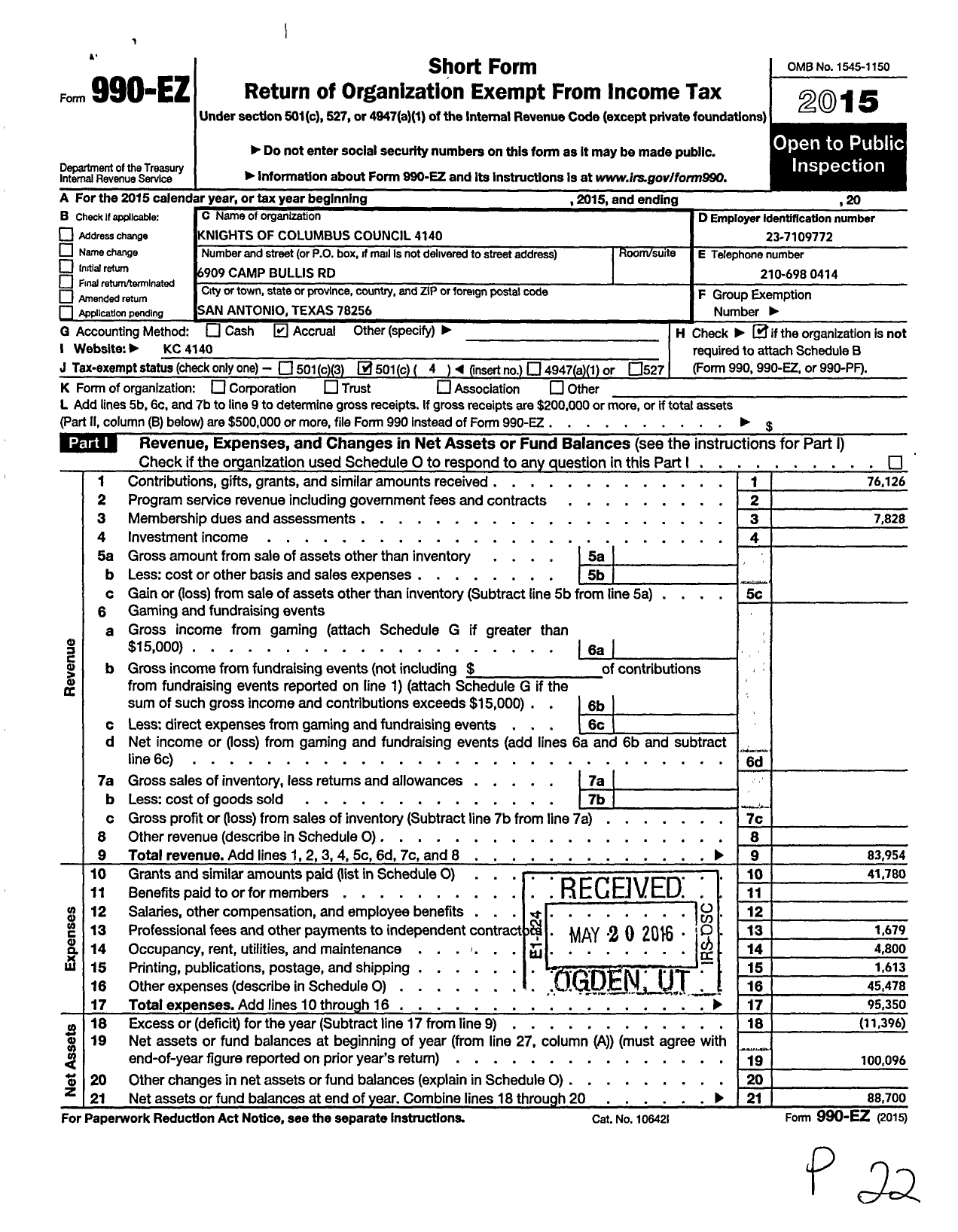 Image of first page of 2015 Form 990EO for Knights of Columbus - 4140 Immaculate Conception Council