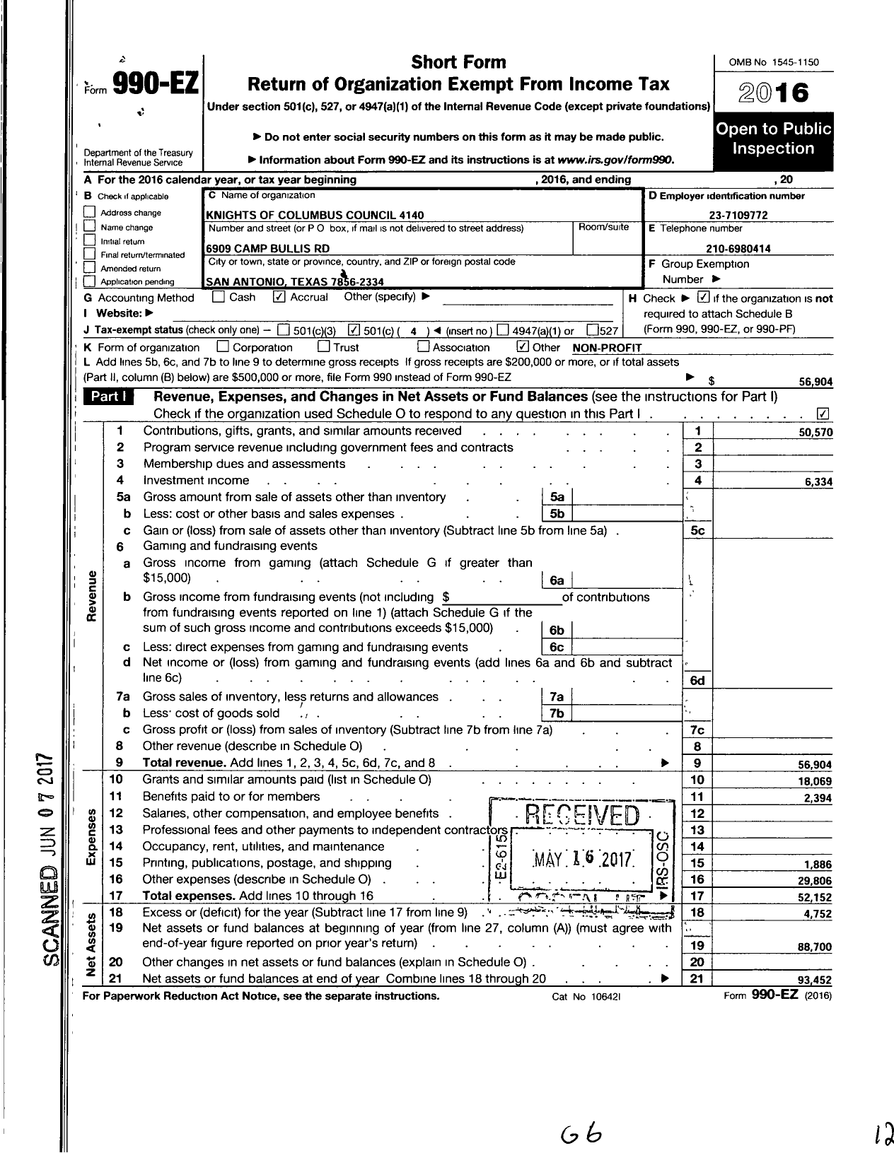 Image of first page of 2016 Form 990EO for Knights of Columbus - 4140 Immaculate Conception Council