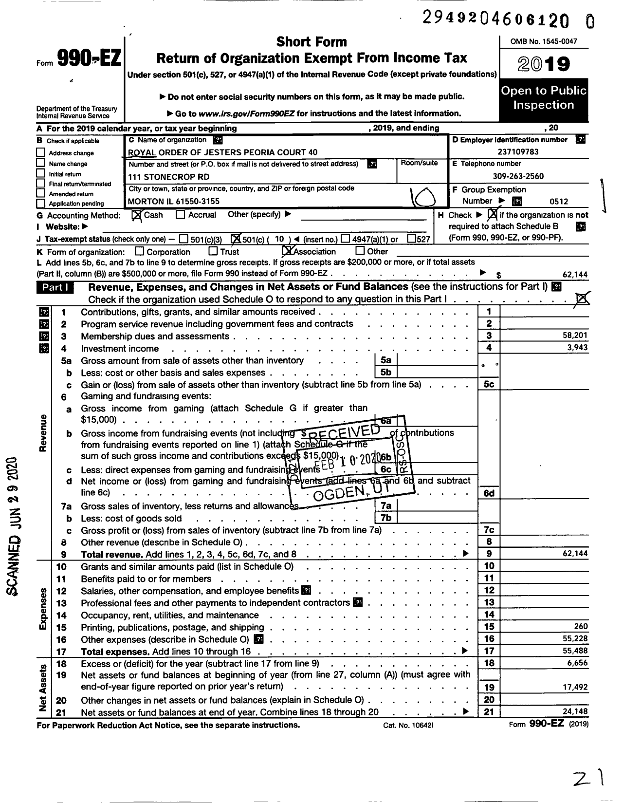 Image of first page of 2019 Form 990EO for Royal Order of Jesters - 0040