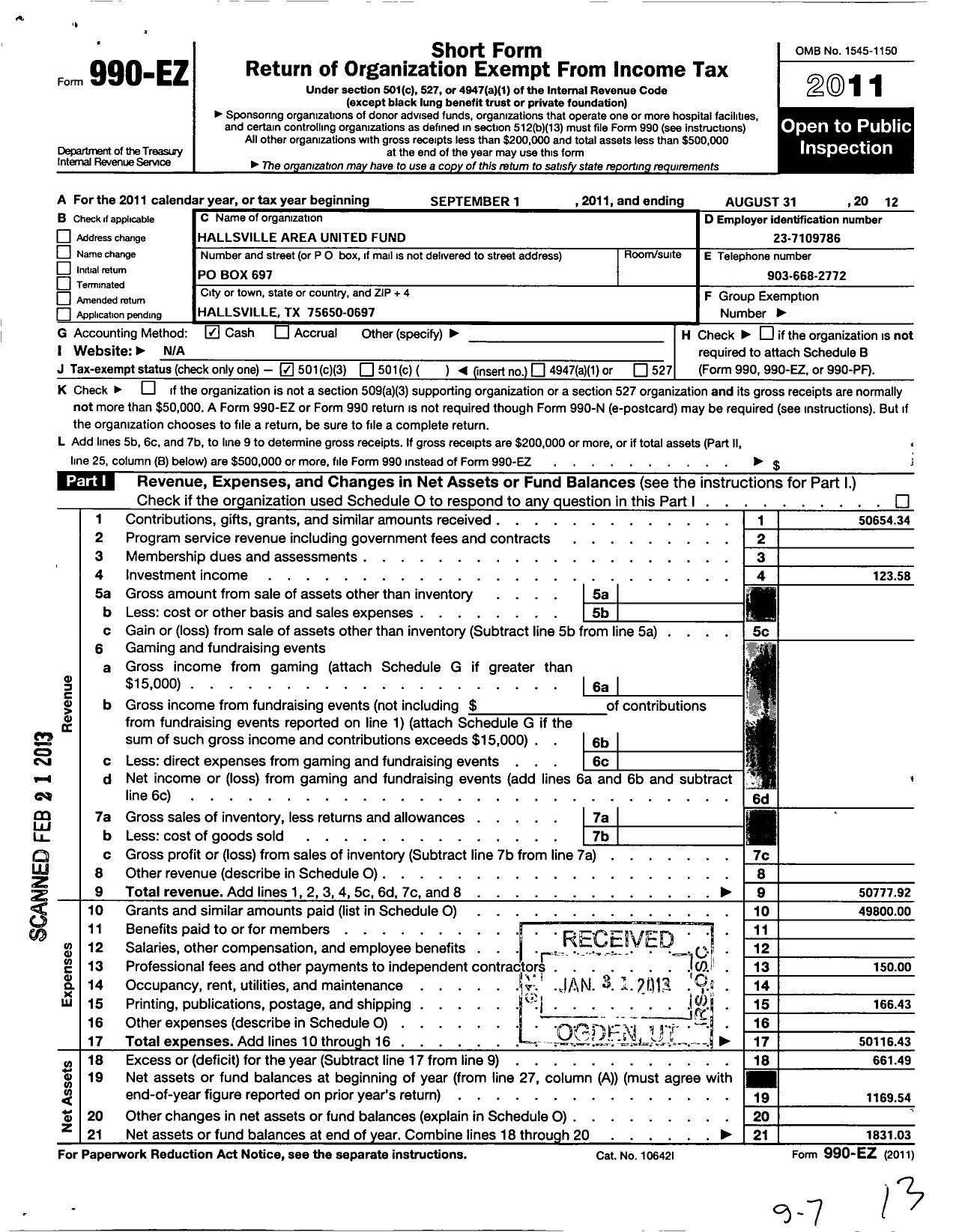 Image of first page of 2011 Form 990EZ for Hallsville Area United Fund