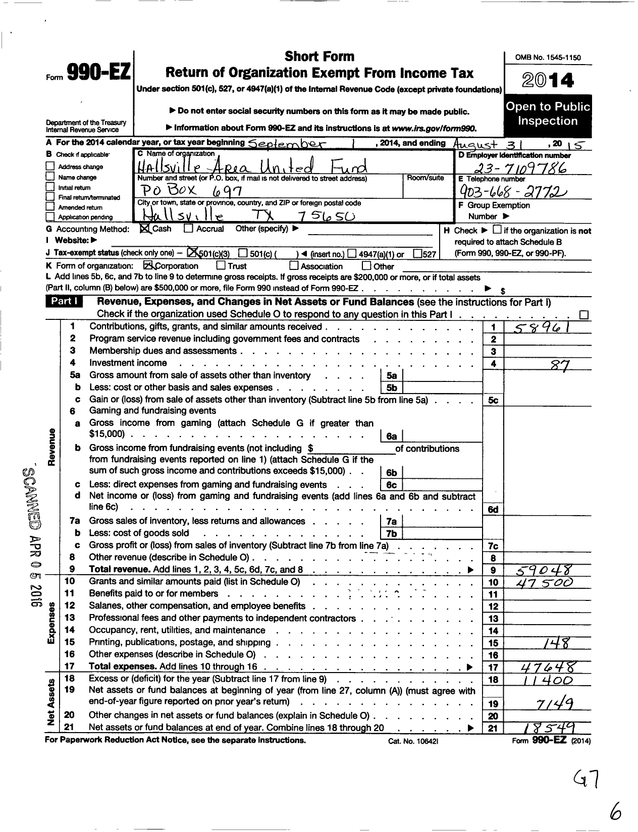 Image of first page of 2014 Form 990EZ for Hallsville Area United Fund