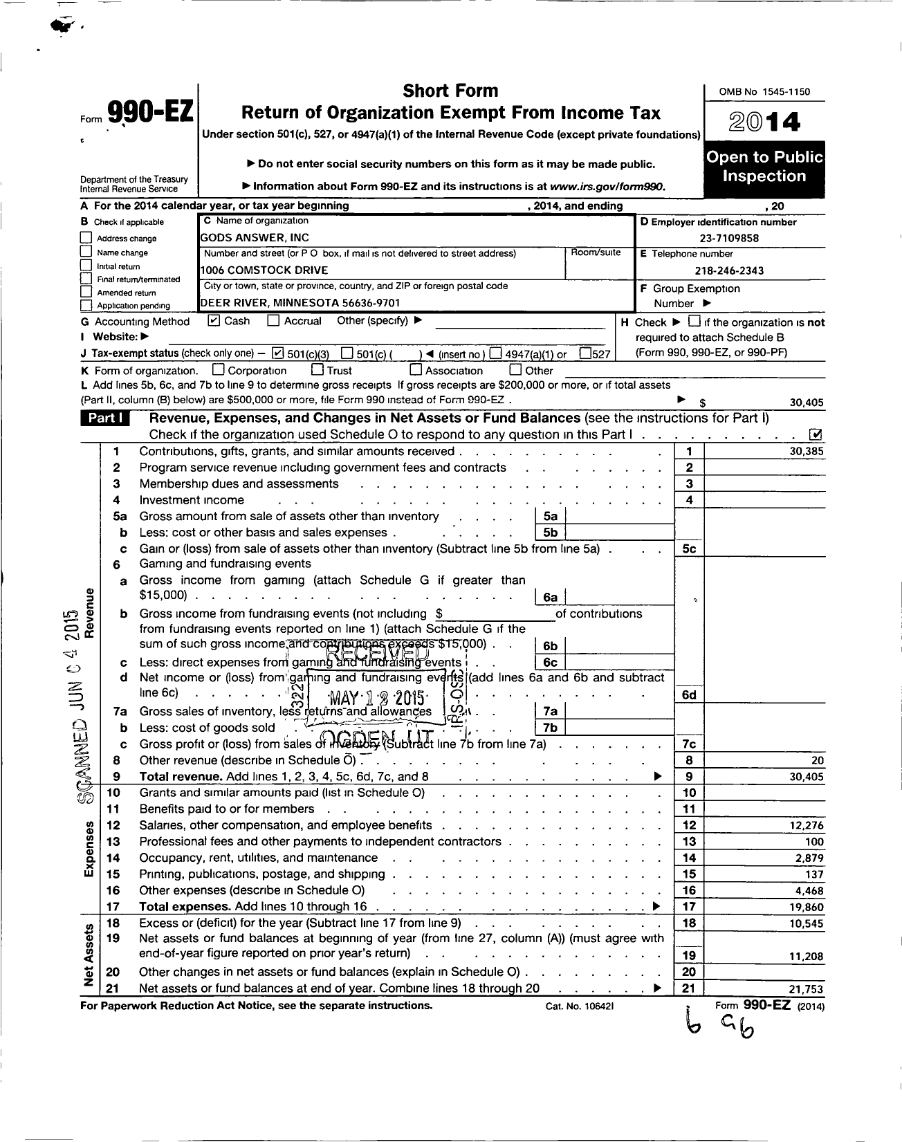 Image of first page of 2014 Form 990EZ for Gods Answer