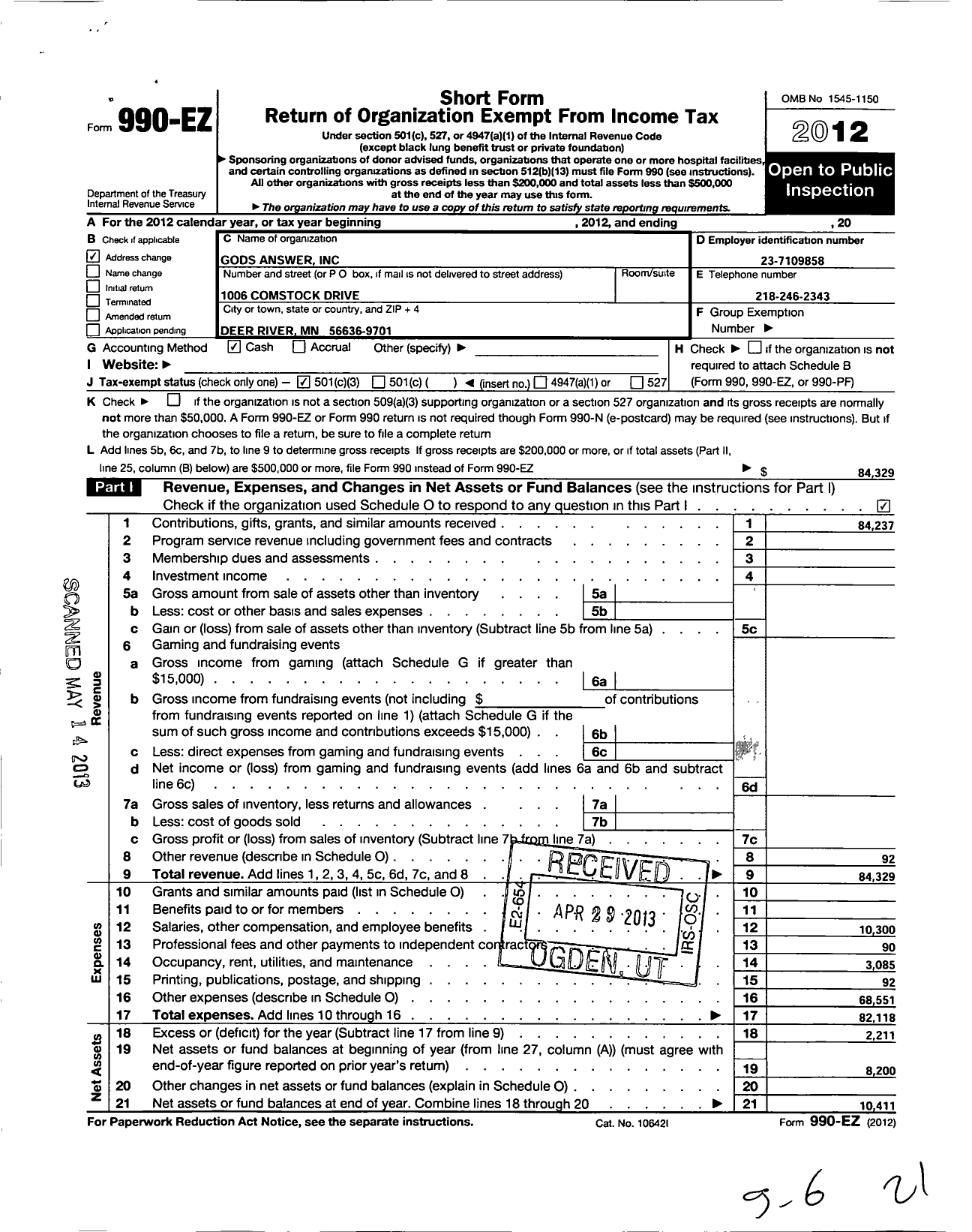 Image of first page of 2012 Form 990EZ for Gods Answer