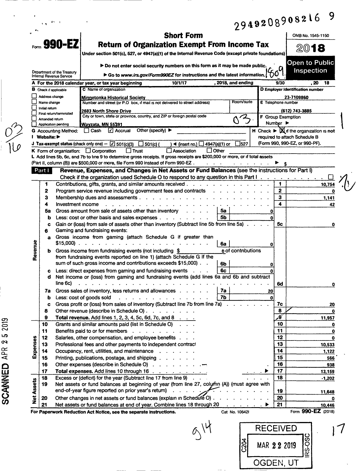 Image of first page of 2017 Form 990EZ for City of Minnetonka Historical Society