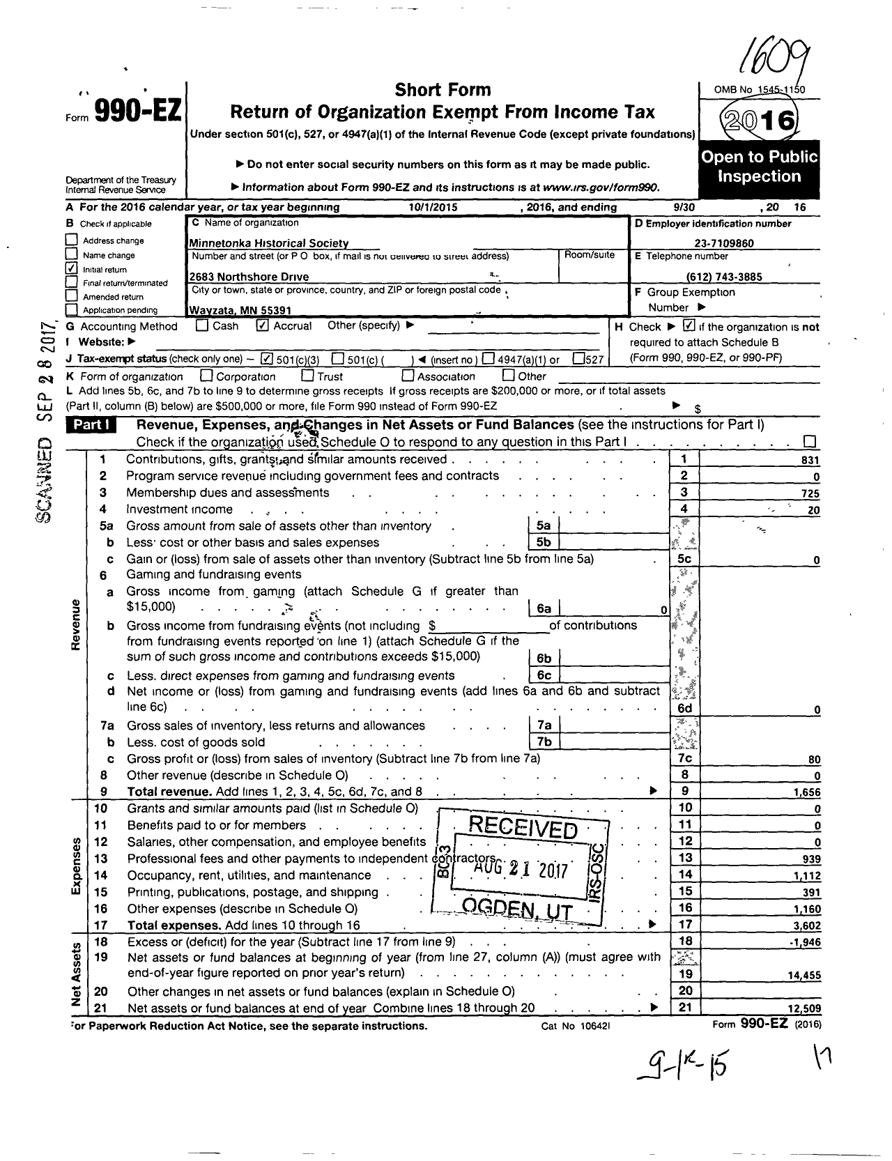 Image of first page of 2015 Form 990EZ for City of Minnetonka Historical Society