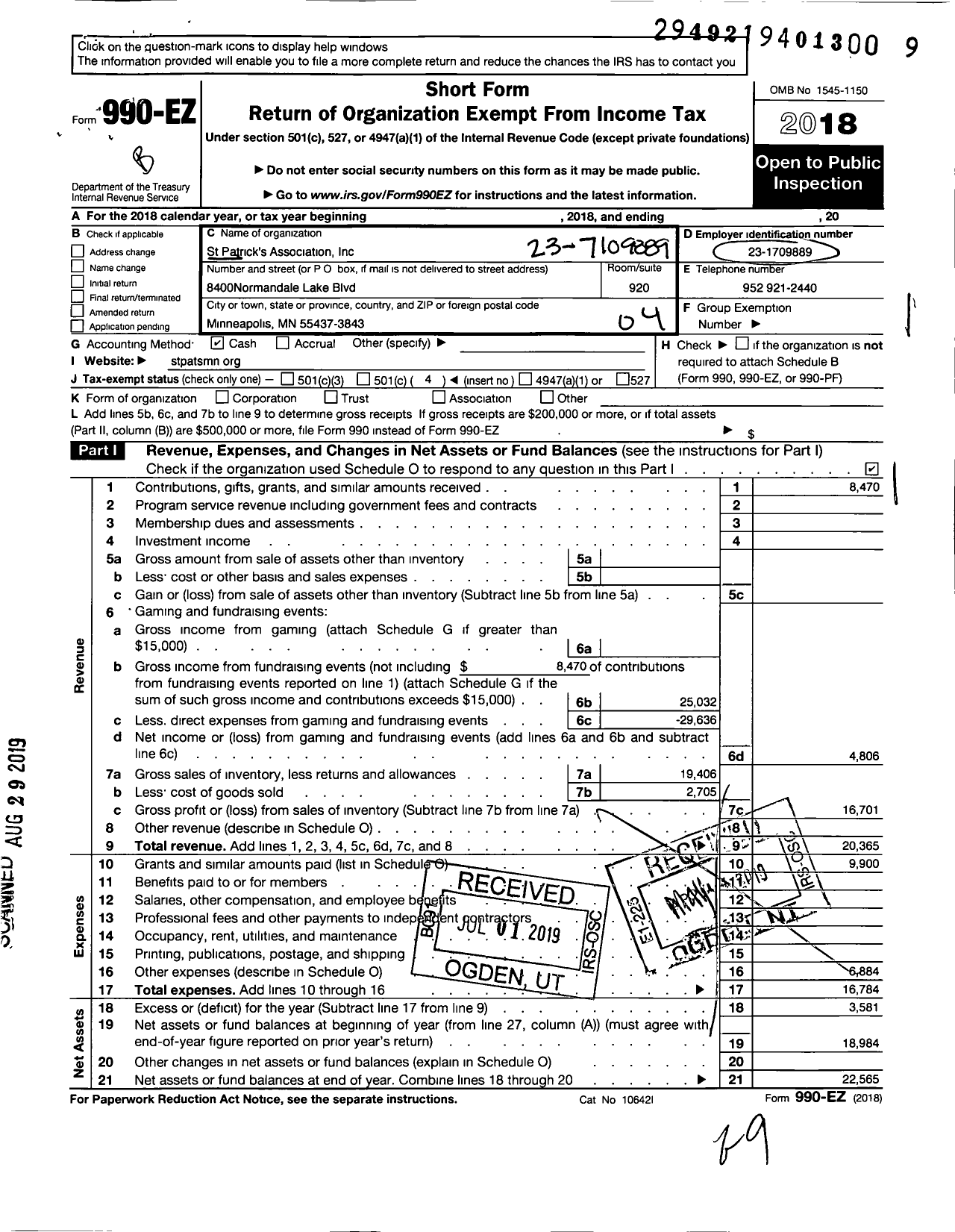 Image of first page of 2018 Form 990EO for St Patricks Association