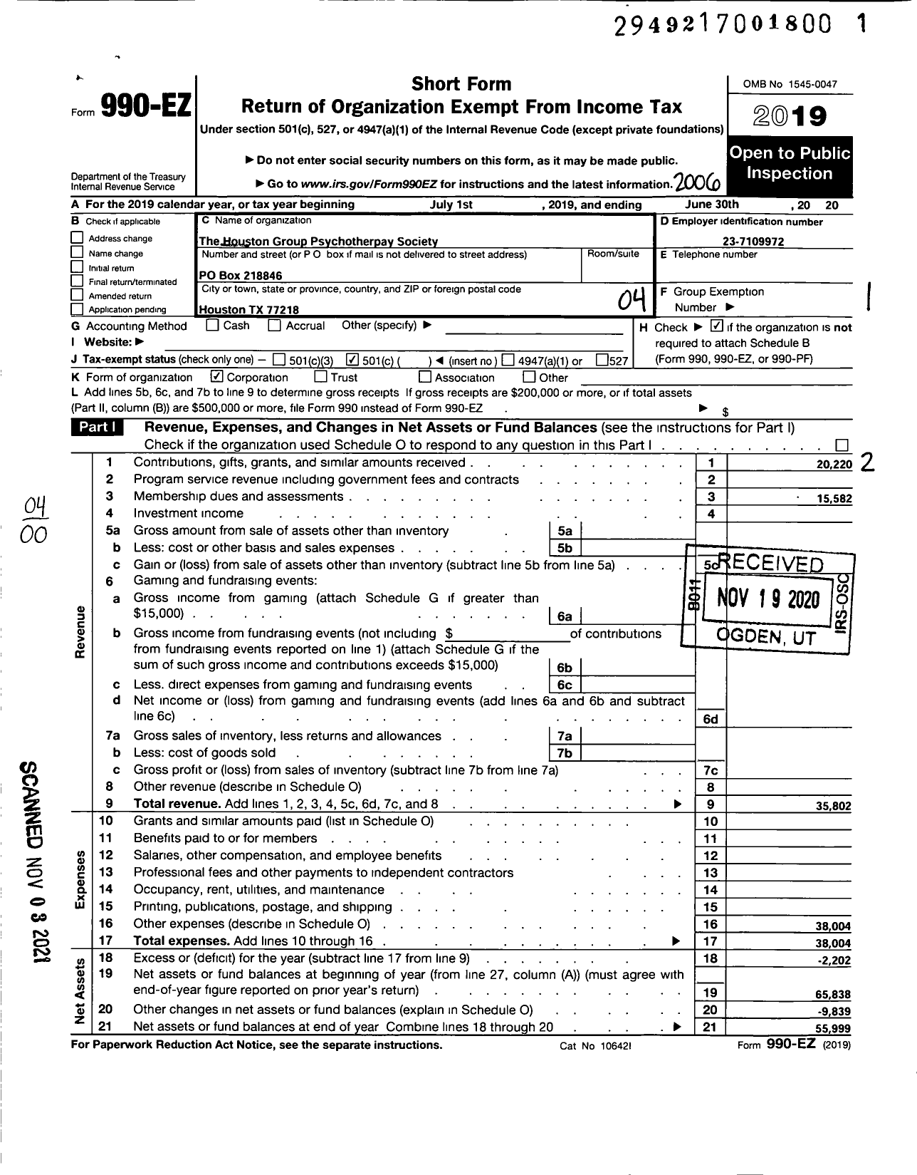 Image of first page of 2019 Form 990EO for Houston Group Psychotherapy Society