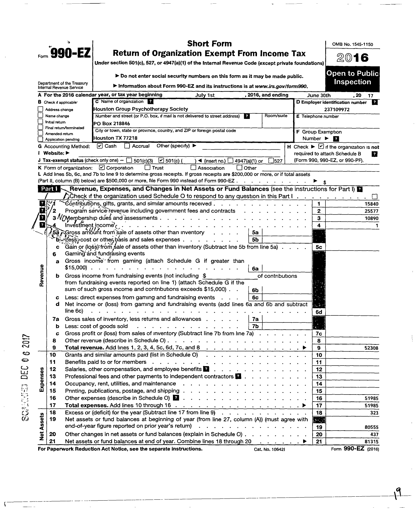 Image of first page of 2016 Form 990EZ for Houston Group Psychotherapy Society