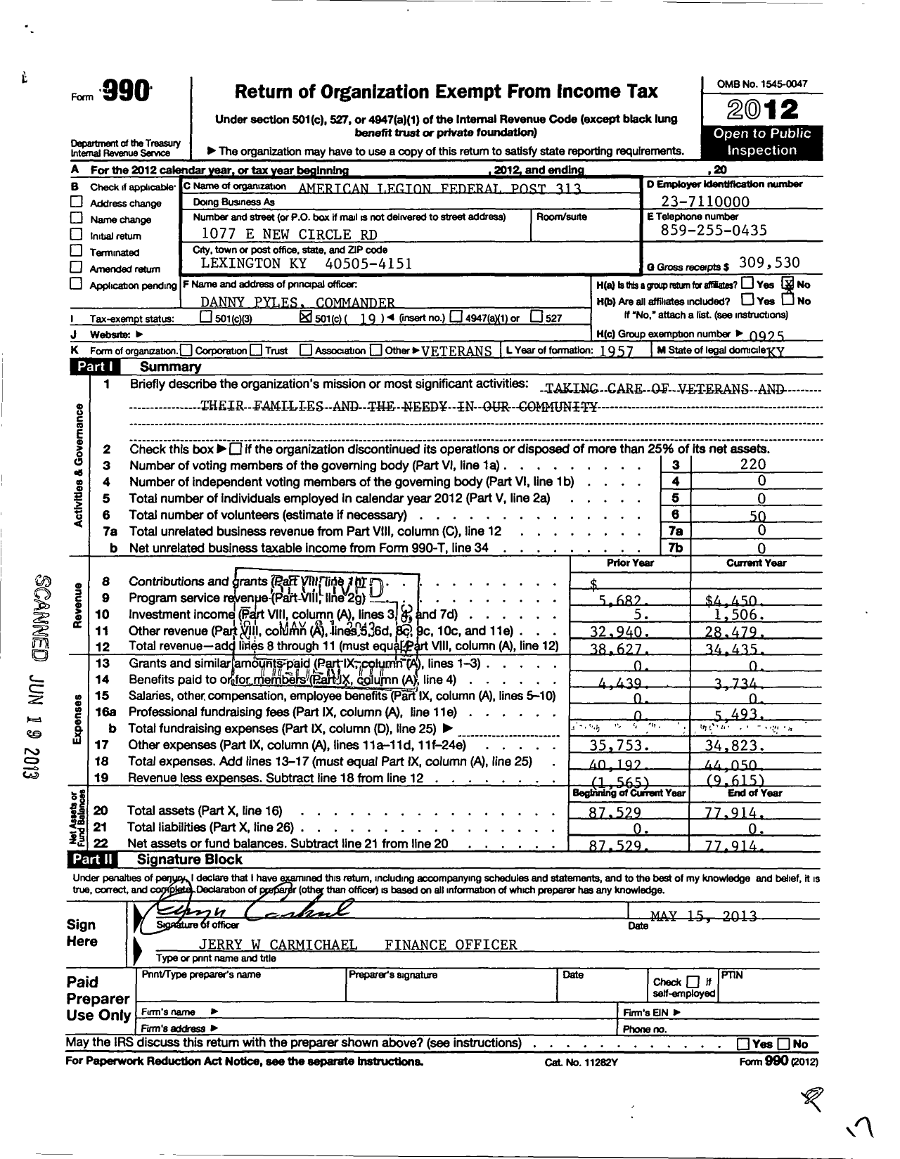 Image of first page of 2012 Form 990O for American Legion - 313