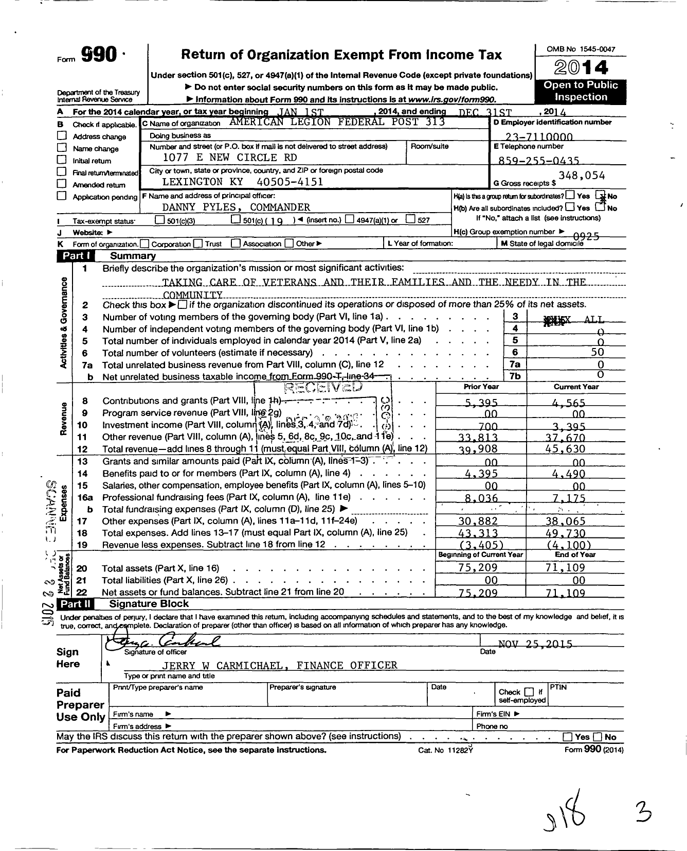 Image of first page of 2014 Form 990O for American Legion - 313