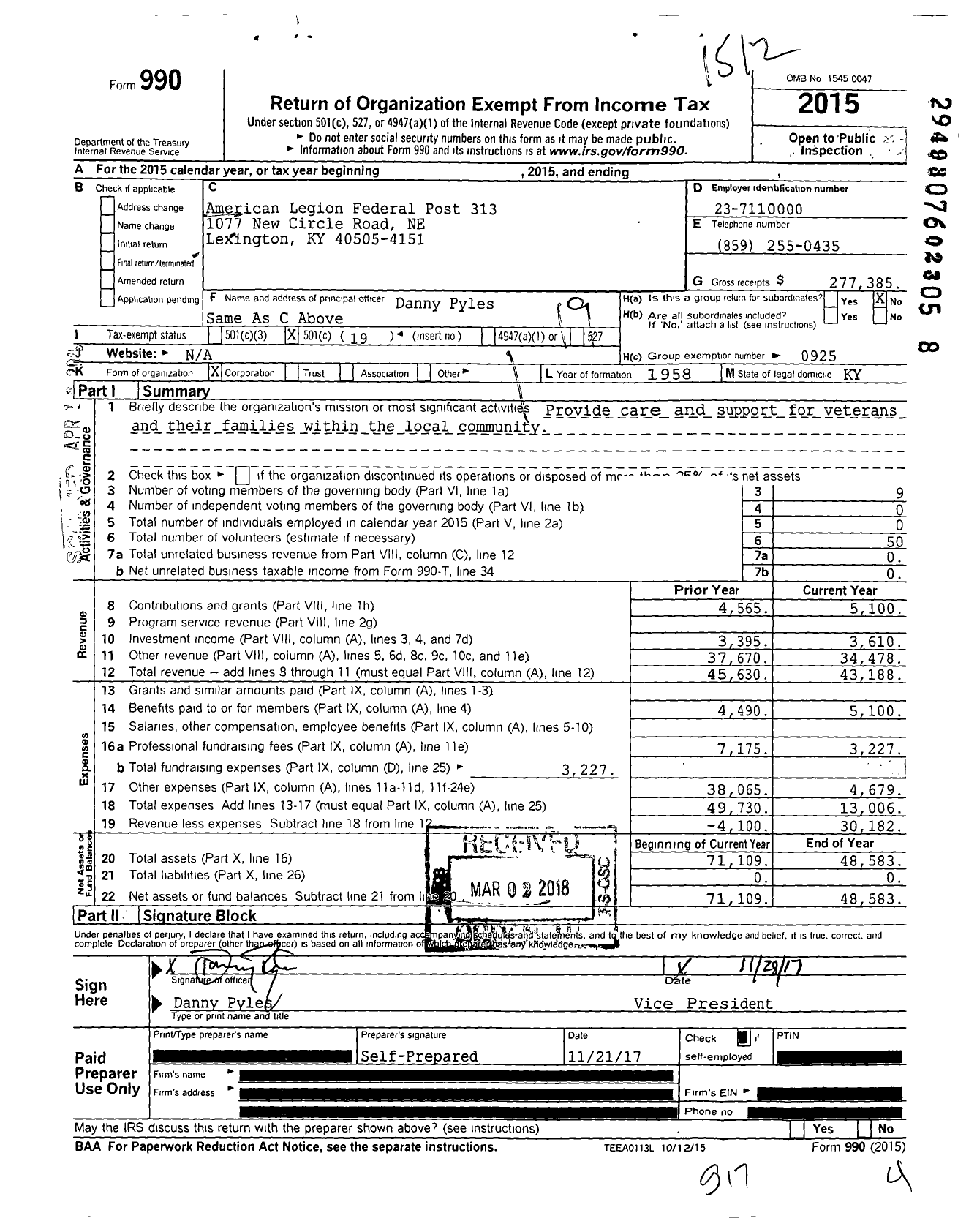 Image of first page of 2015 Form 990O for American Legion - 313